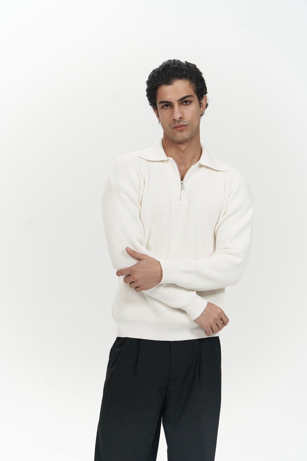 Oberon Men's Polo Collar Half-Zip Ecru Knit Sweater