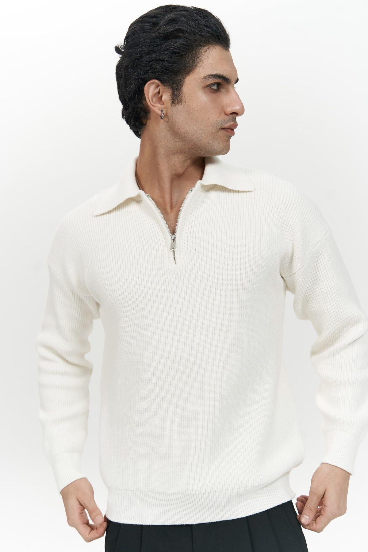 Oberon Men's Polo Collar Half-Zip Ecru Knit Sweater