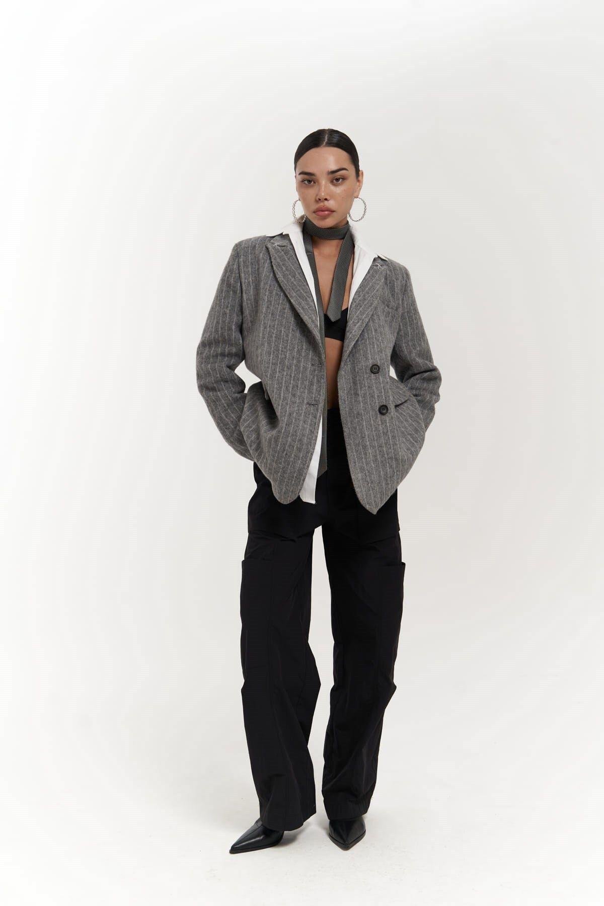 Peters Striped Dark Gray Blazer with Stitch Detail