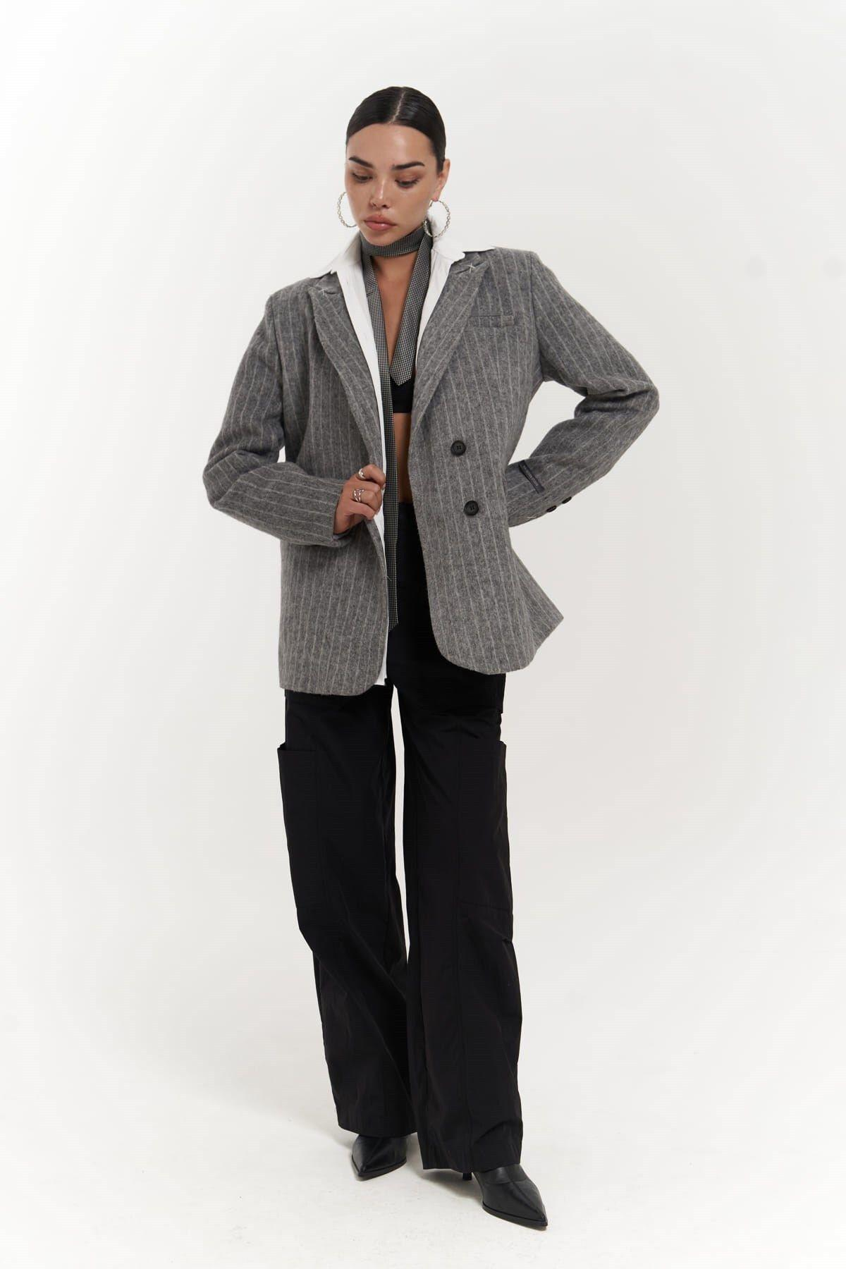 Peters Striped Dark Gray Blazer with Stitch Detail