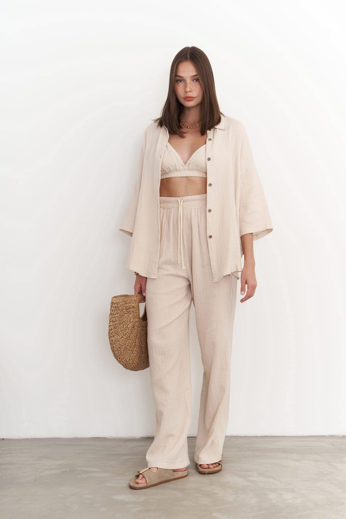 Reyna Koyu Bej Müslin Üçlü Takım