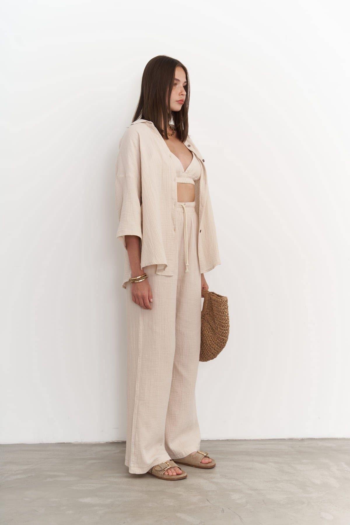 Reyna Koyu Bej Müslin Üçlü Takım