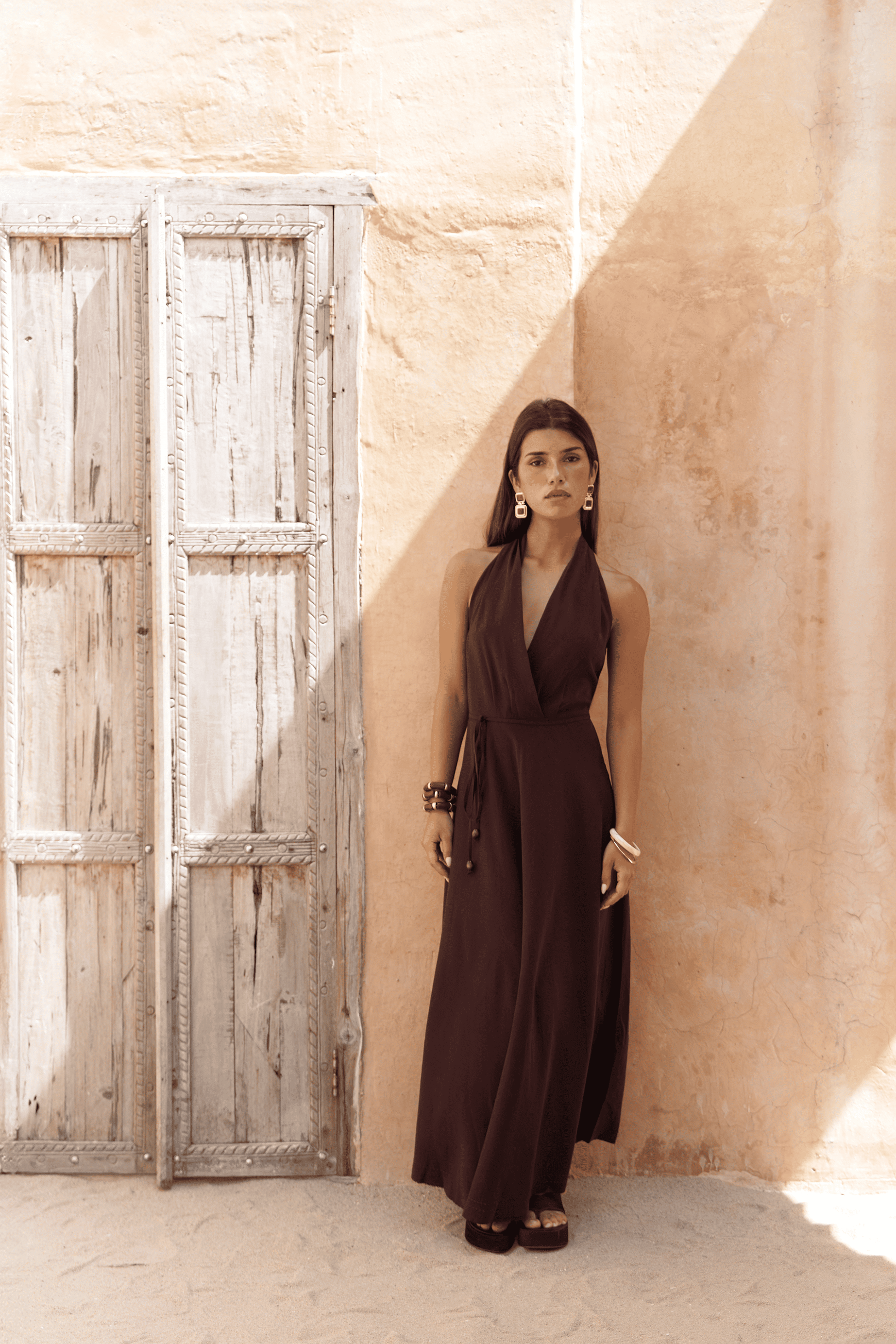 Rhonsa Bağcıklı Bordo Uzun Elbise