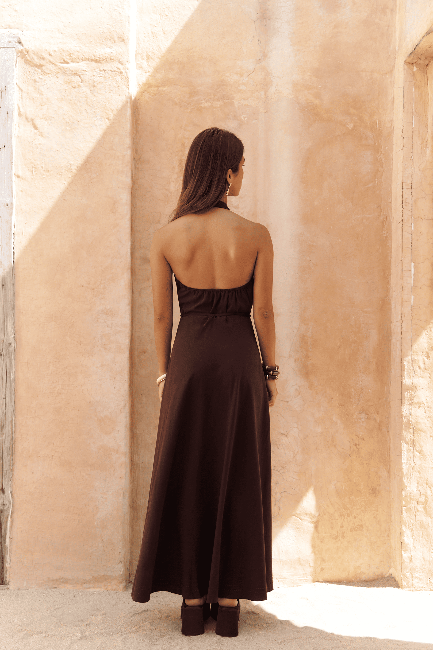 Rhonsa Bağcıklı Bordo Uzun Elbise