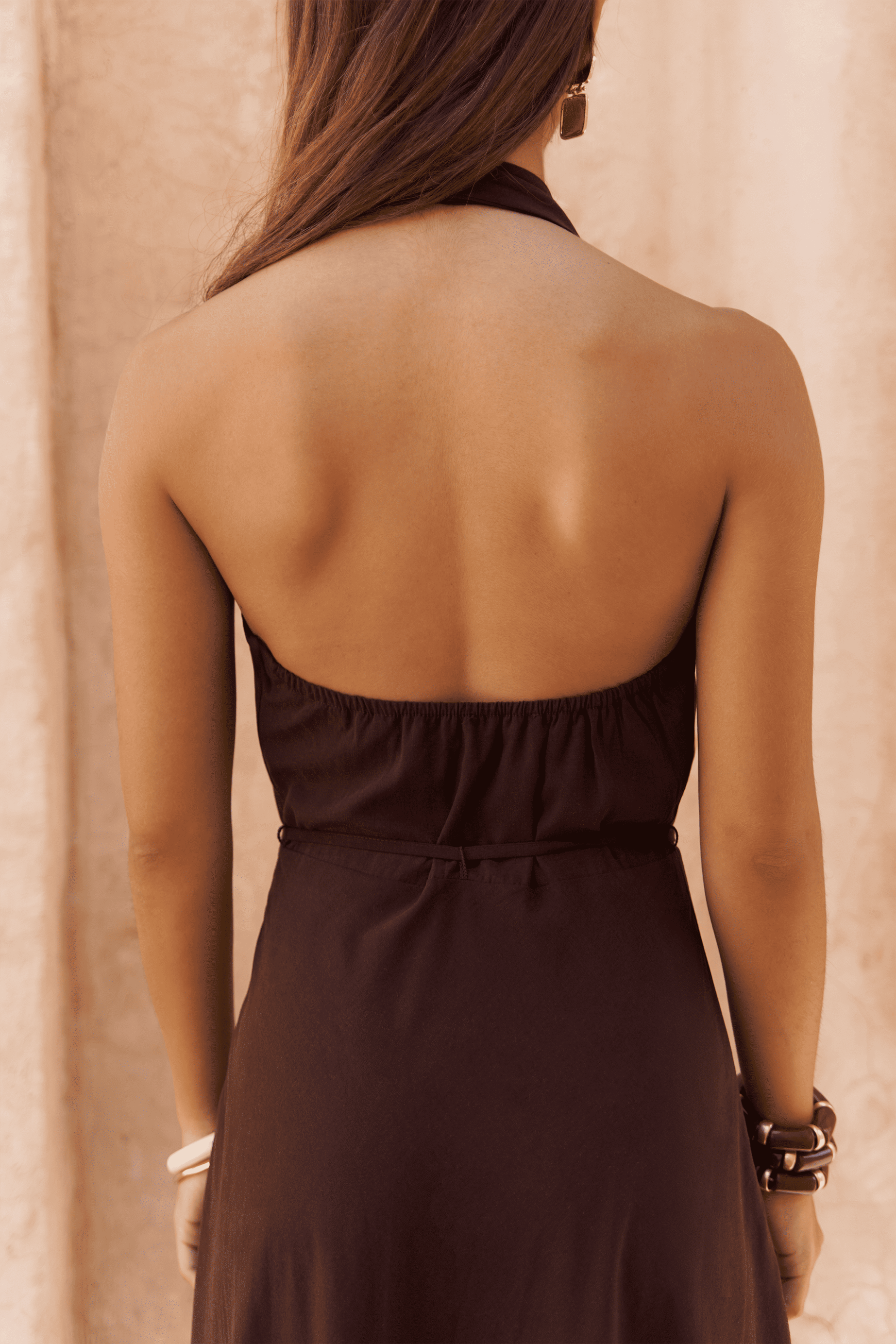 Rhonsa Bağcıklı Bordo Uzun Elbise