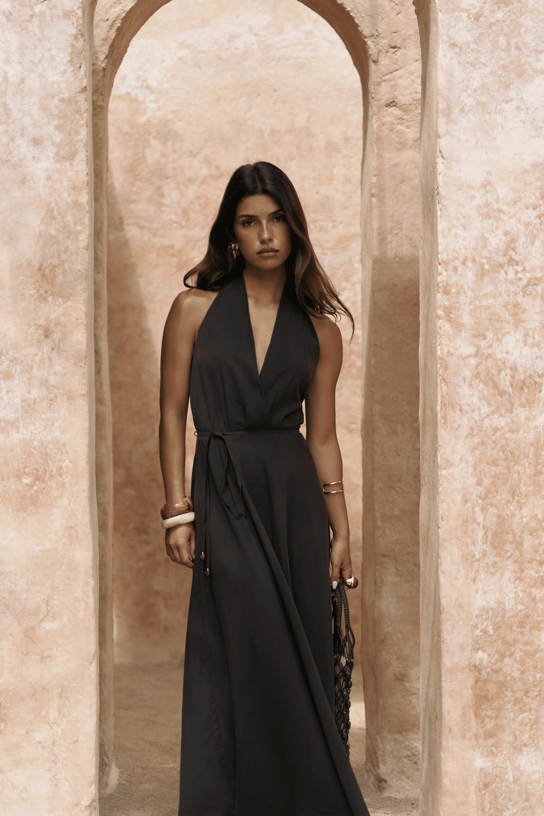 Rhonsa Bağcıklı Kahve Uzun Elbise