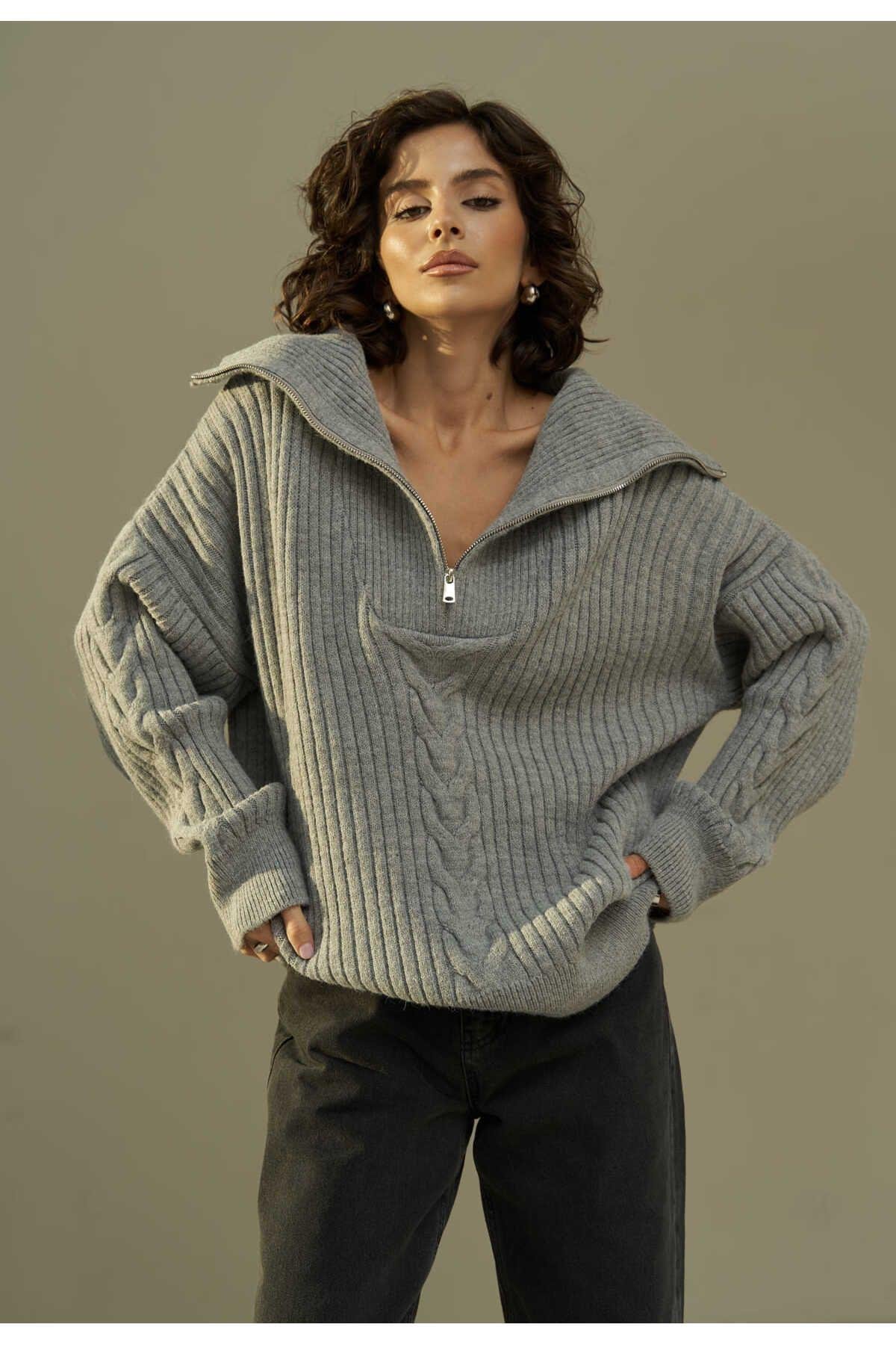 Mai Rika Smoke Gray Cable Knit Zip-Up Sweater