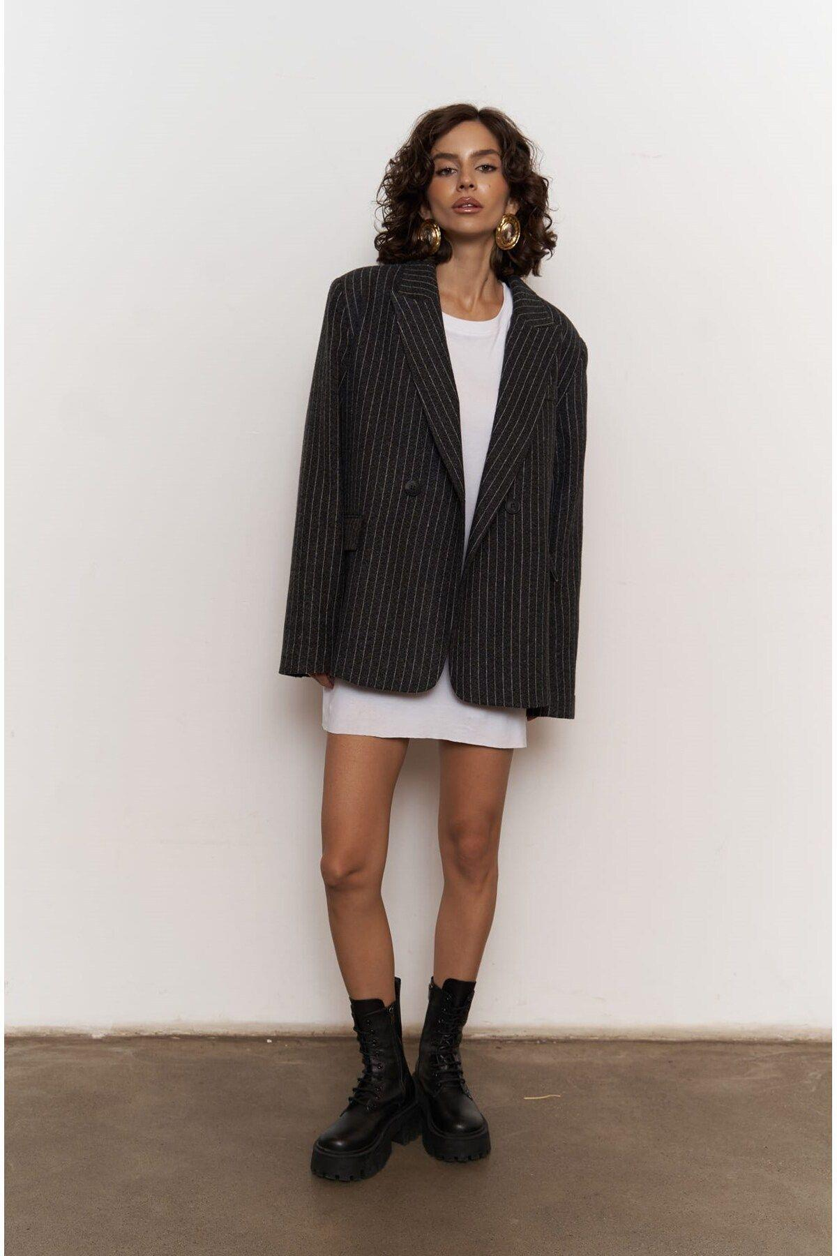 Rosalind Antrasit Çizgili Blazer Ceket