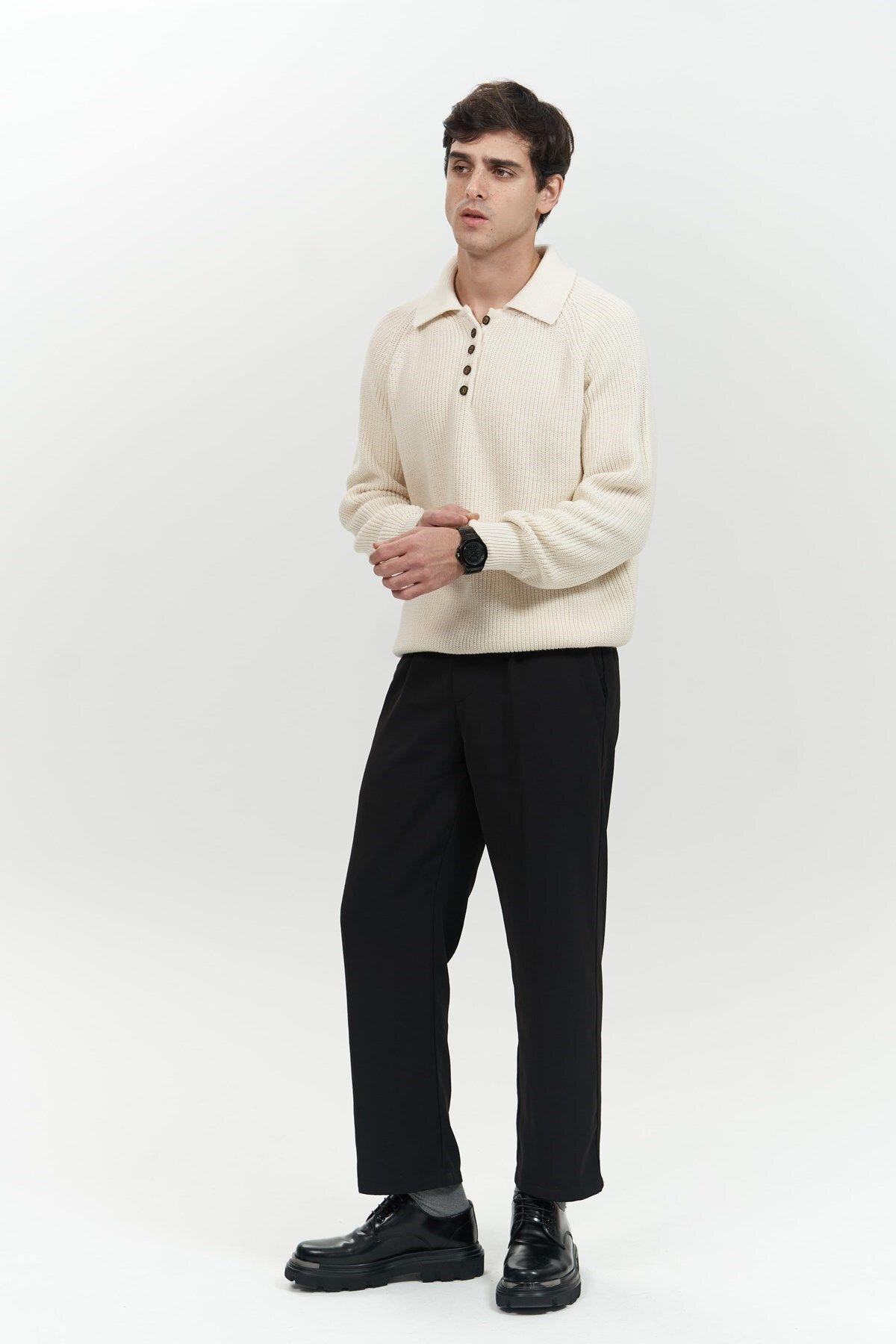 Vander Düğme Detay Ekru Erkek Triko Kazak
