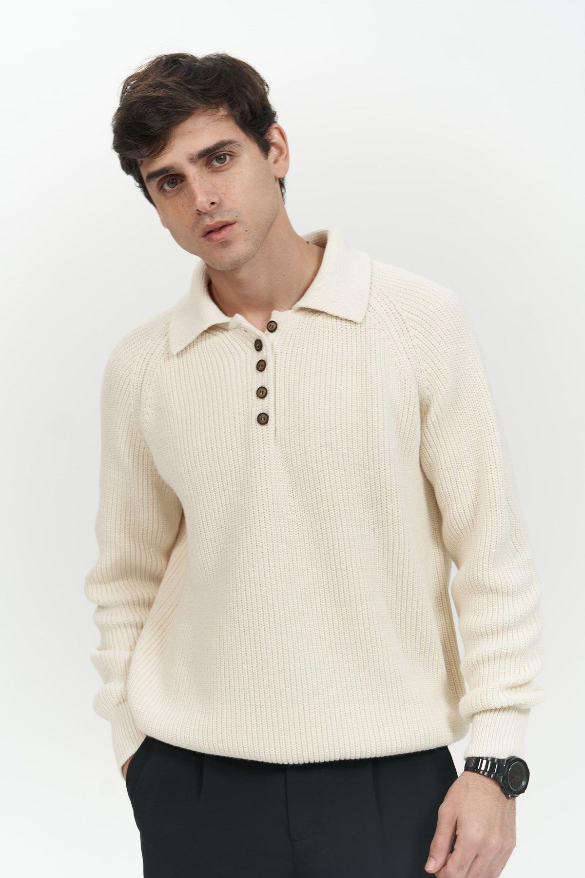 Vander Düğme Detay Ekru Erkek Triko Kazak