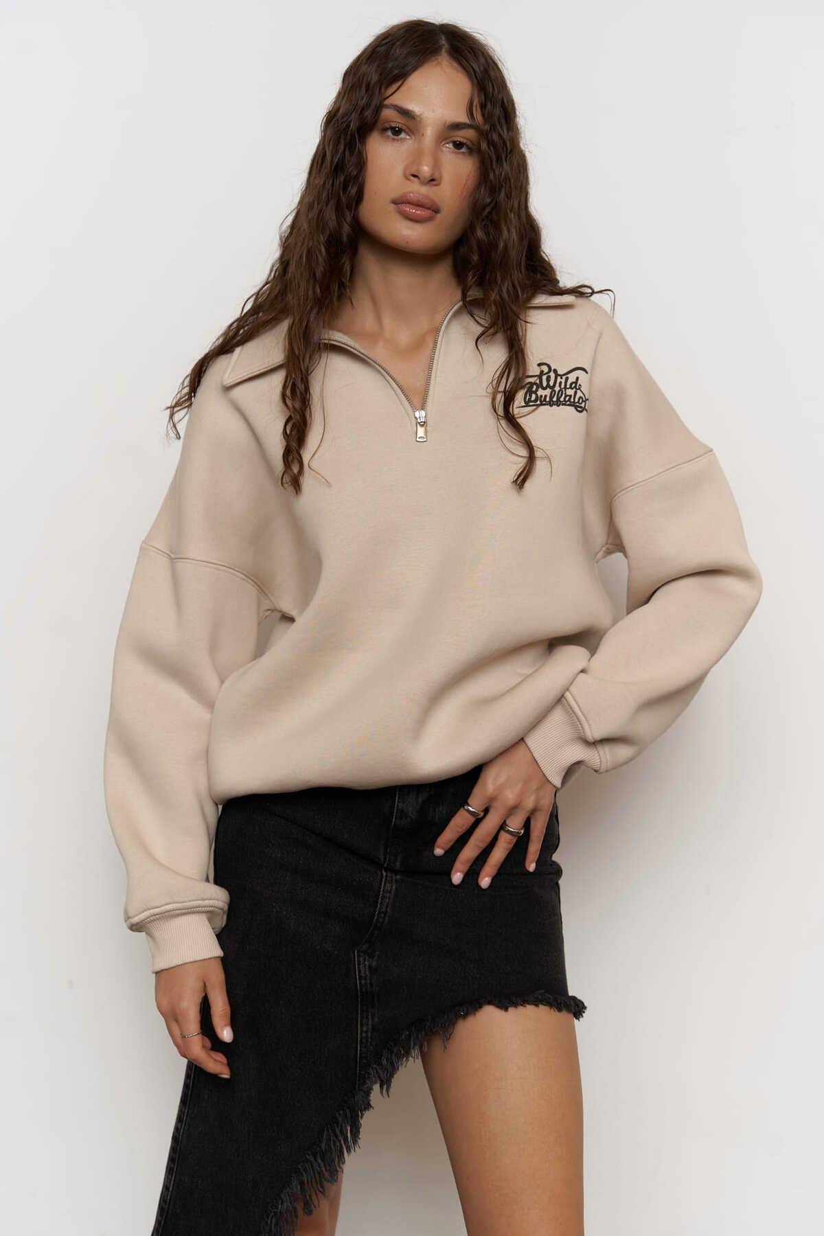 Wild Buffalo Bej Unisex Oversize Sweatshirt