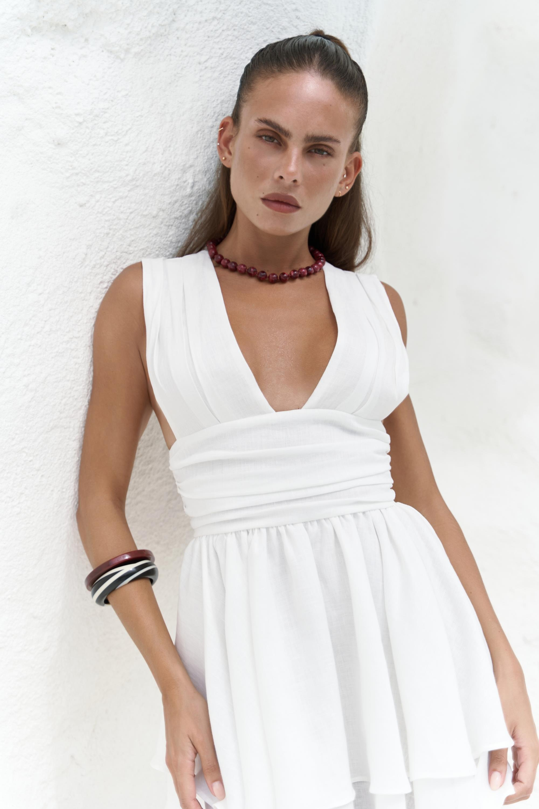 Zaneta Korsaj Detaylı Ekru Keten Mini Elbise