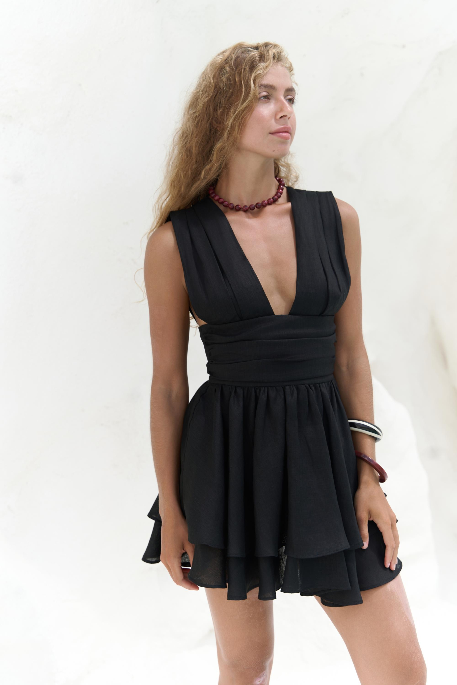 Zaneta Korsaj Detaylı Siyah Keten Mini Elbise