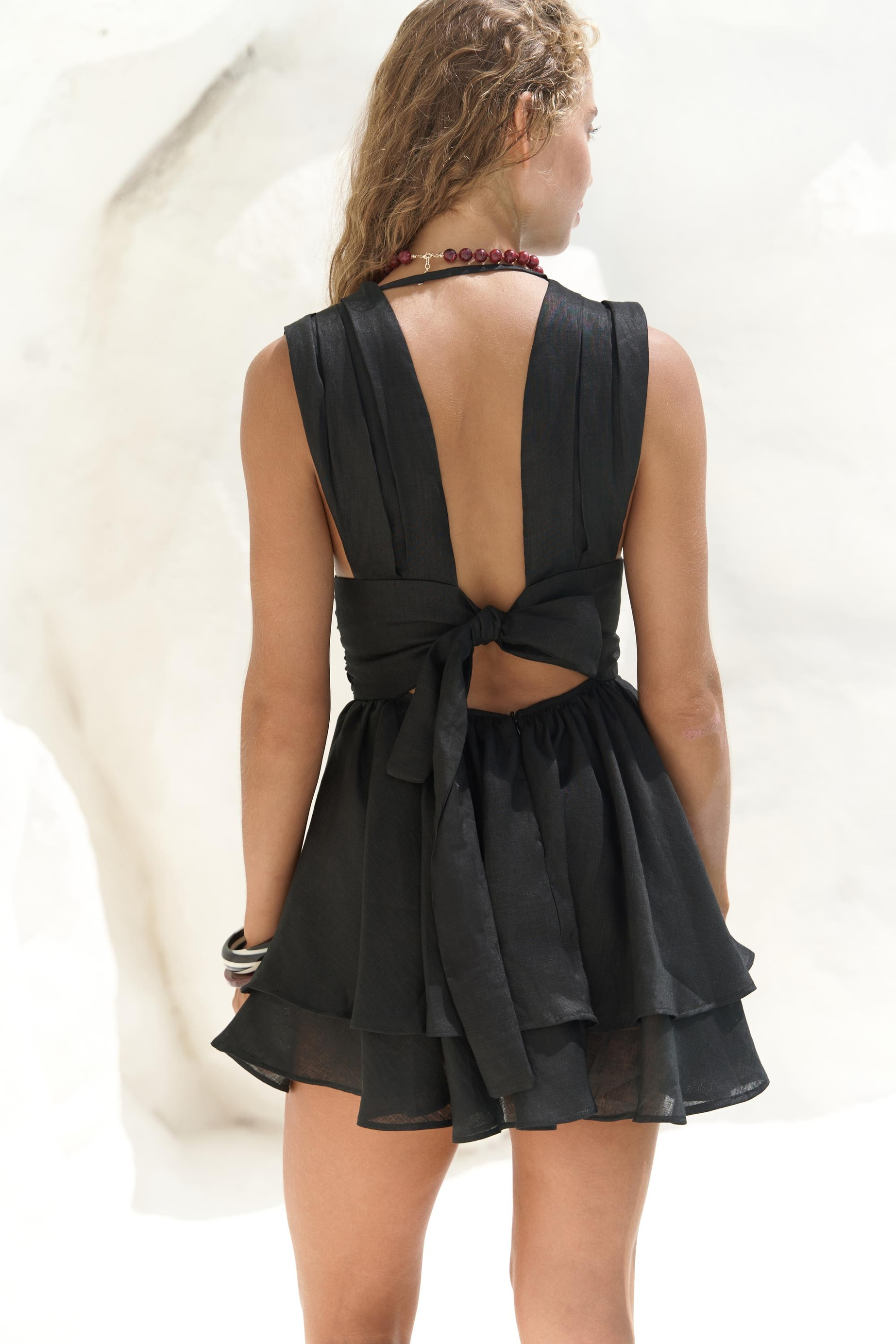 Zaneta Korsaj Detaylı Siyah Keten Mini Elbise