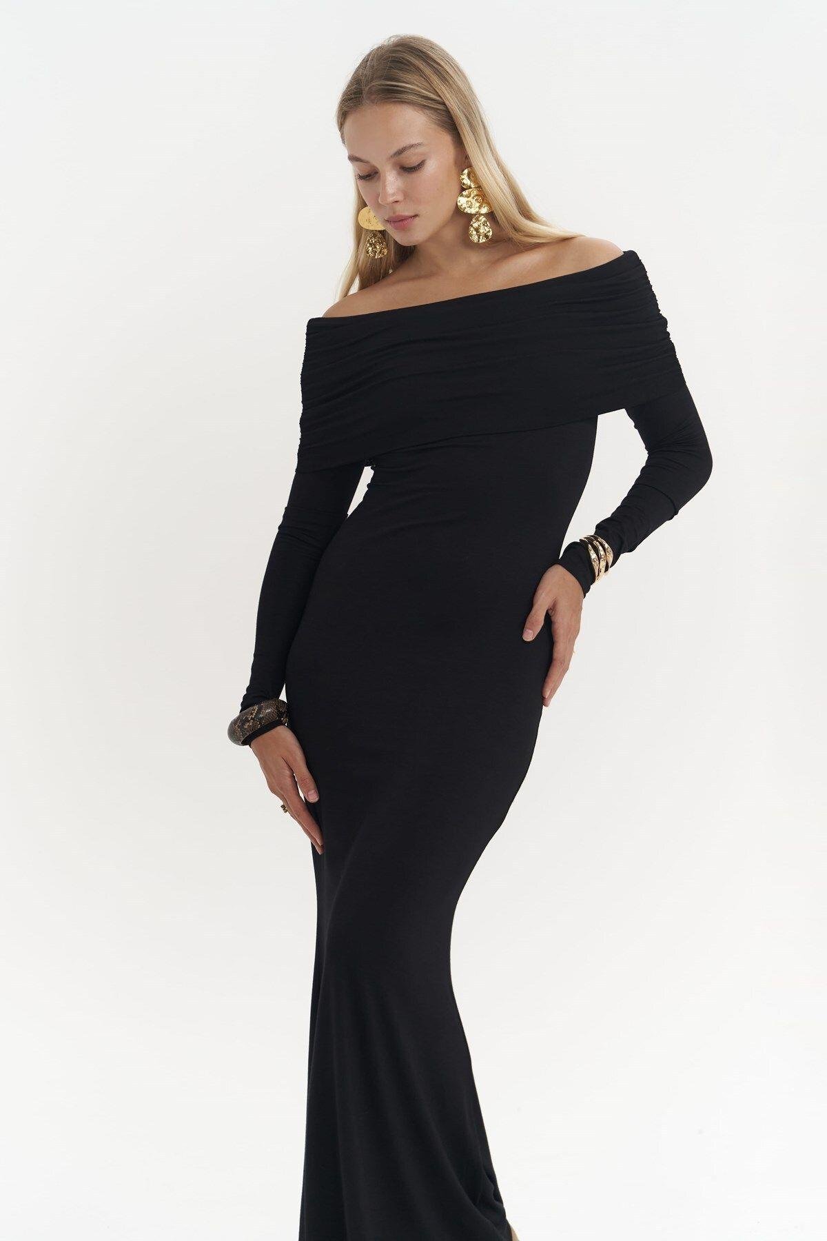 Afro Carmen Yaka Siyah Uzun Elbise