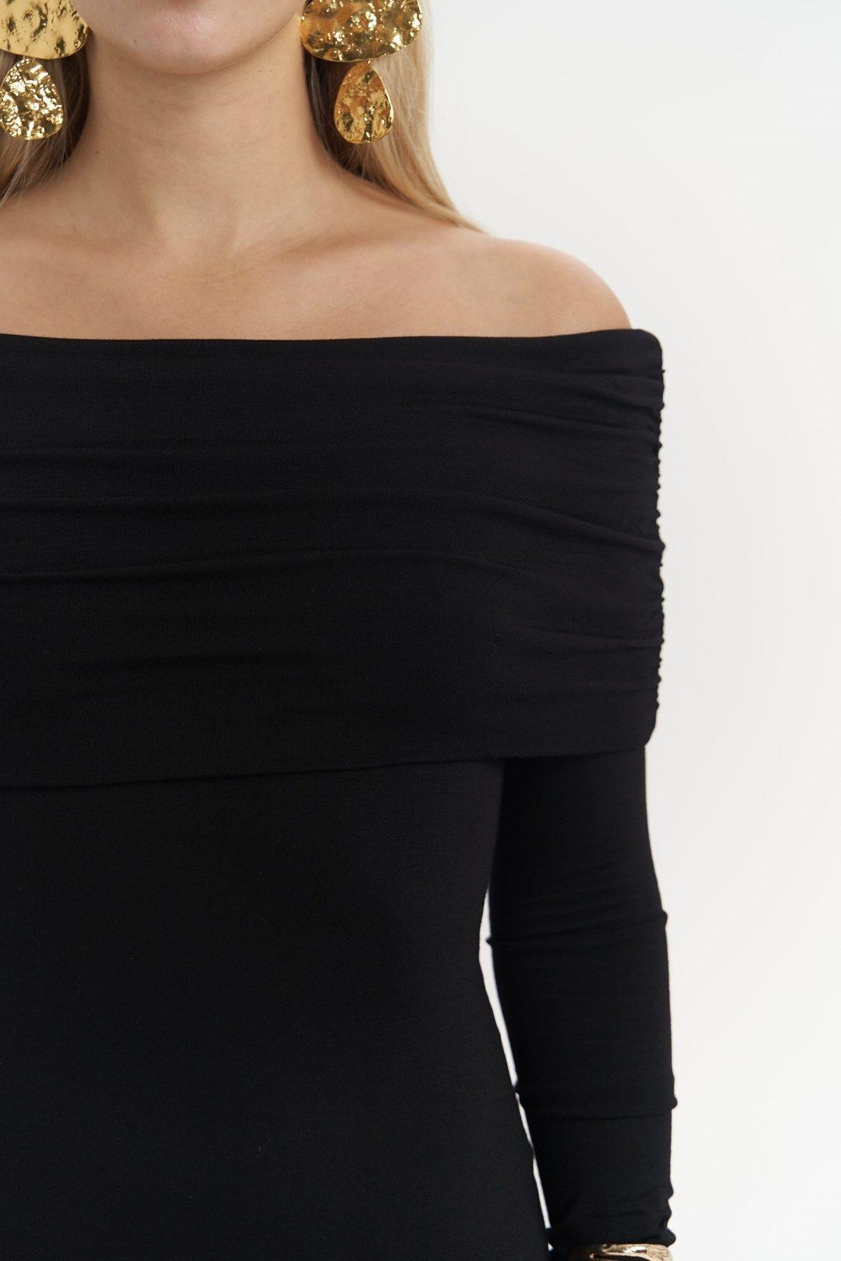 Afro Carmen Yaka Siyah Uzun Elbise