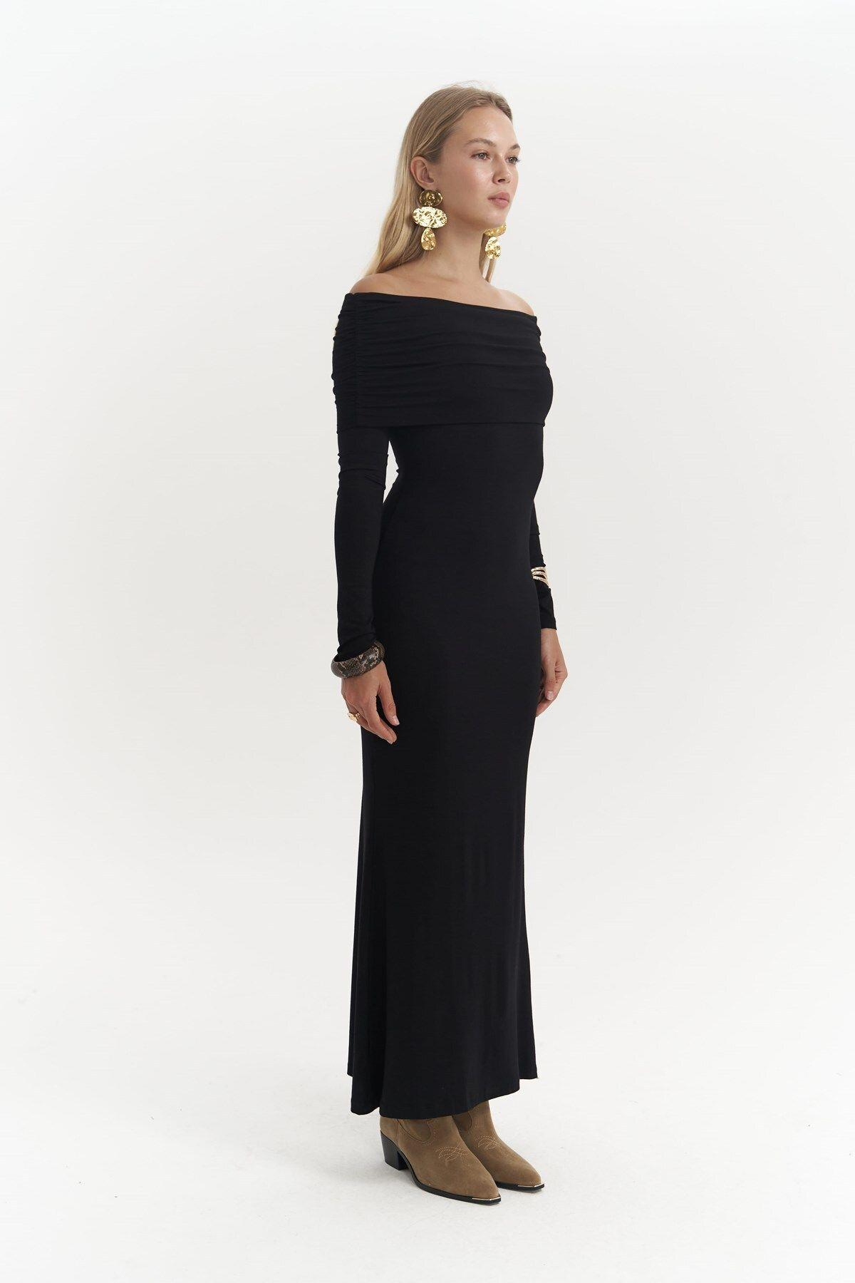 Afro Carmen Yaka Siyah Uzun Elbise