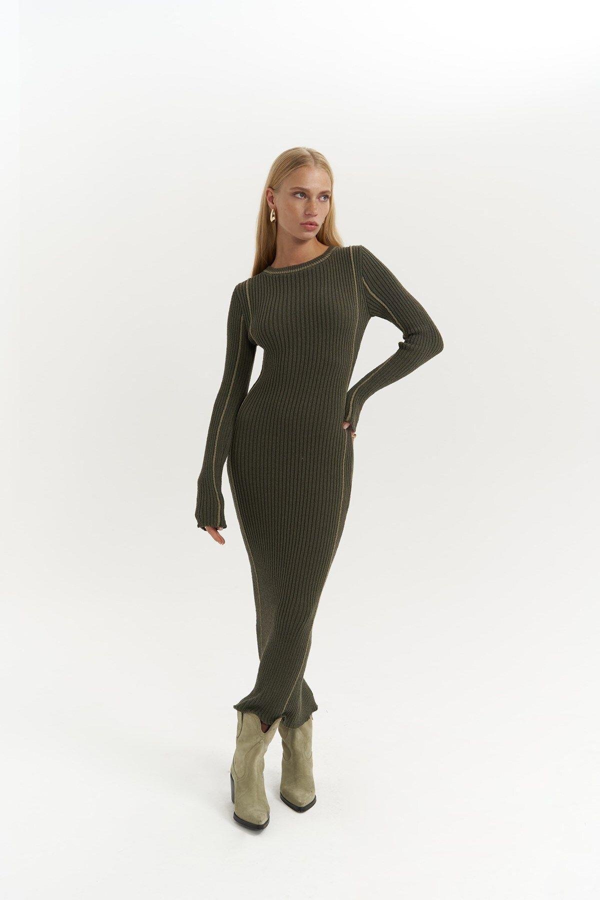 Aston Khaki Knit Dress with Contrast Trims