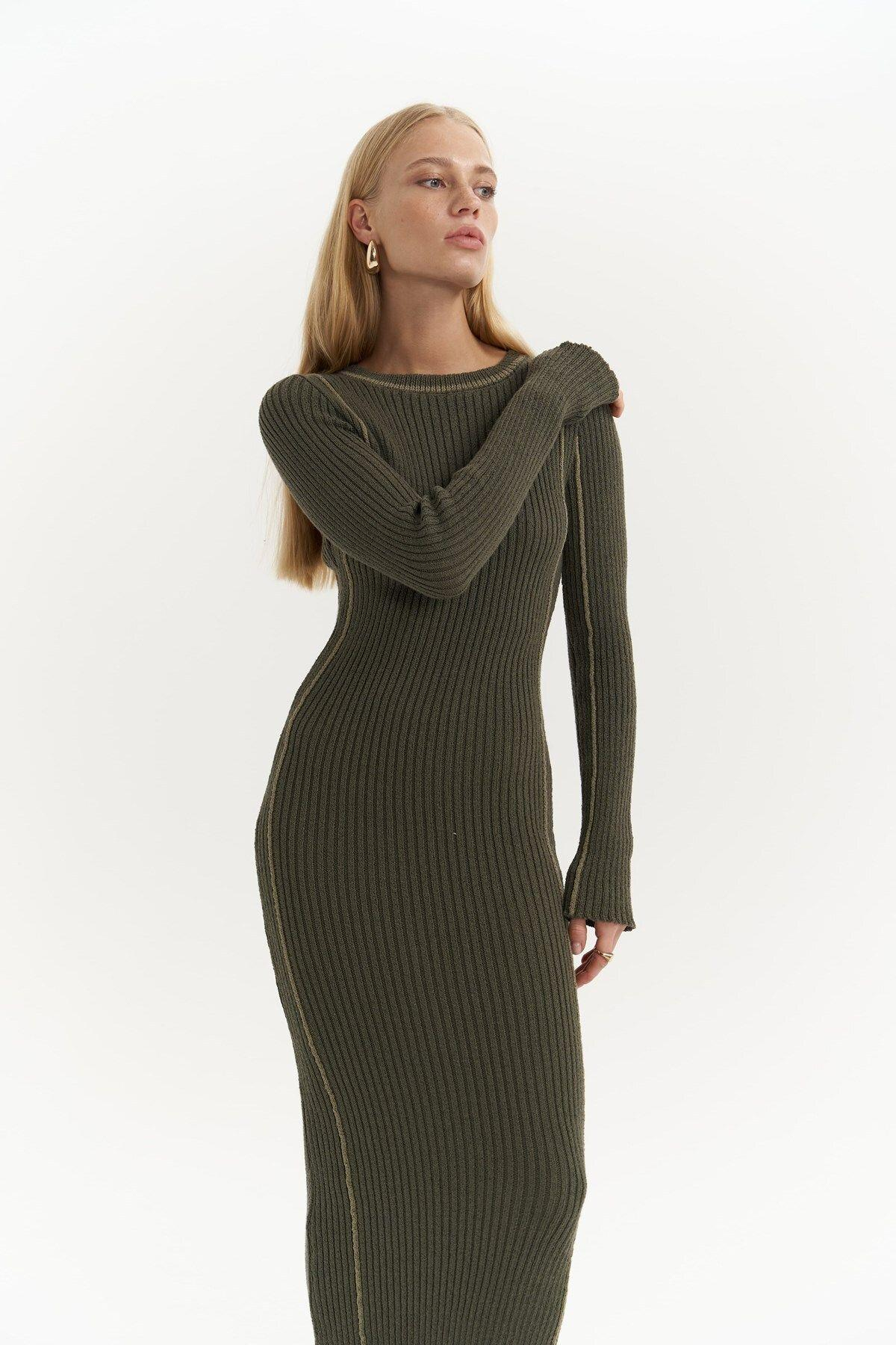 Aston Khaki Knit Dress with Contrast Trims