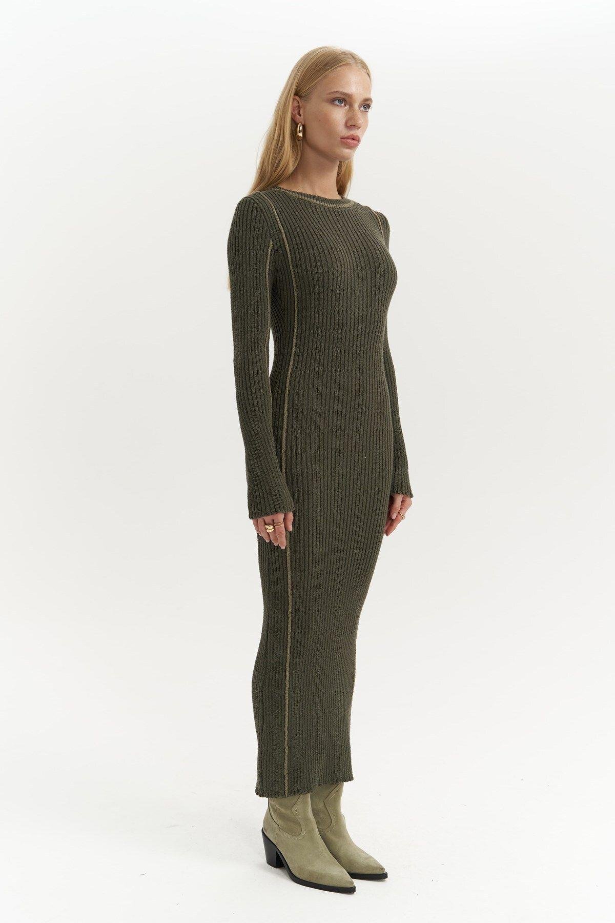 Aston Khaki Knit Dress with Contrast Trims