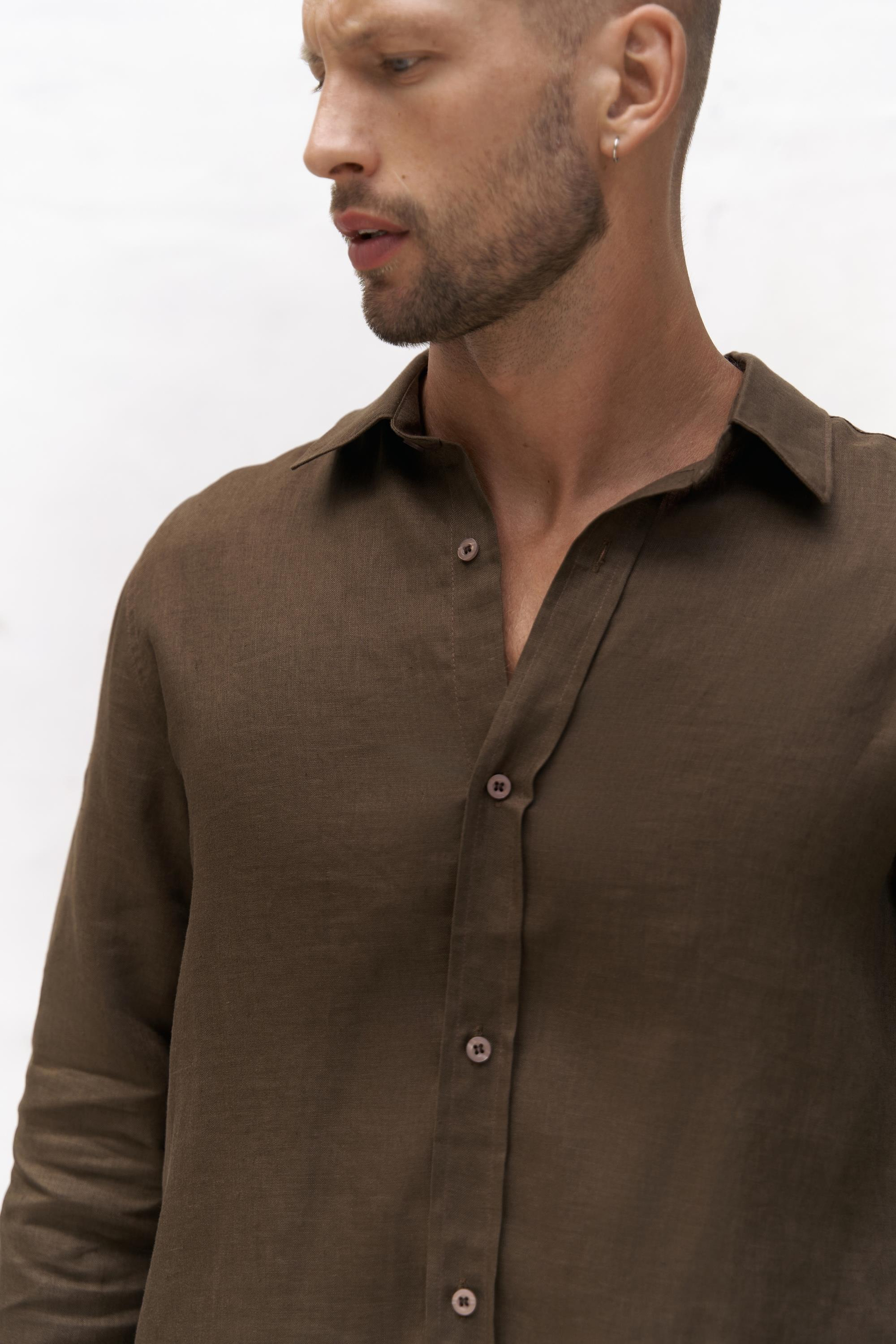 Bice Kahve Keten Oversize Erkek Gömlek