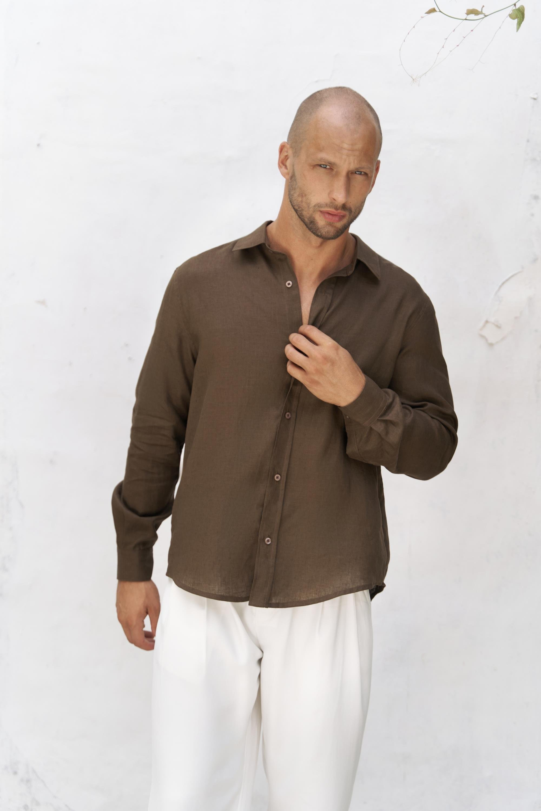 Bice Kahve Keten Oversize Erkek Gömlek