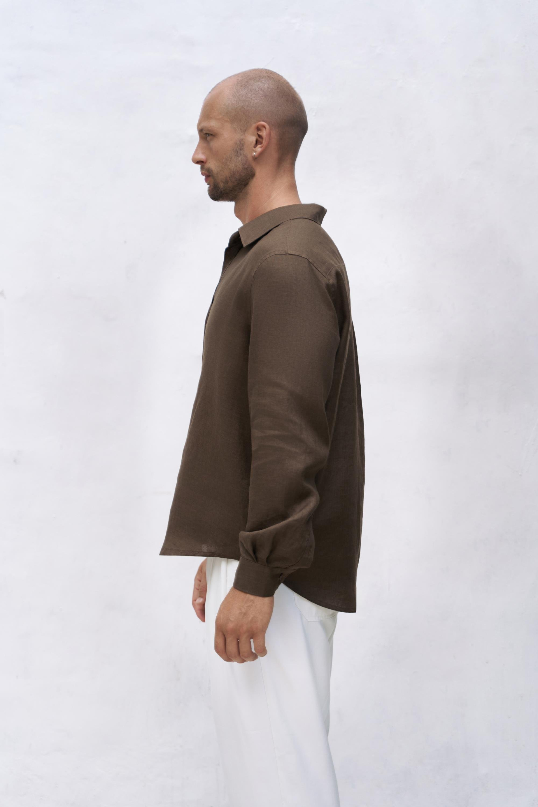 Bice Kahve Keten Oversize Erkek Gömlek