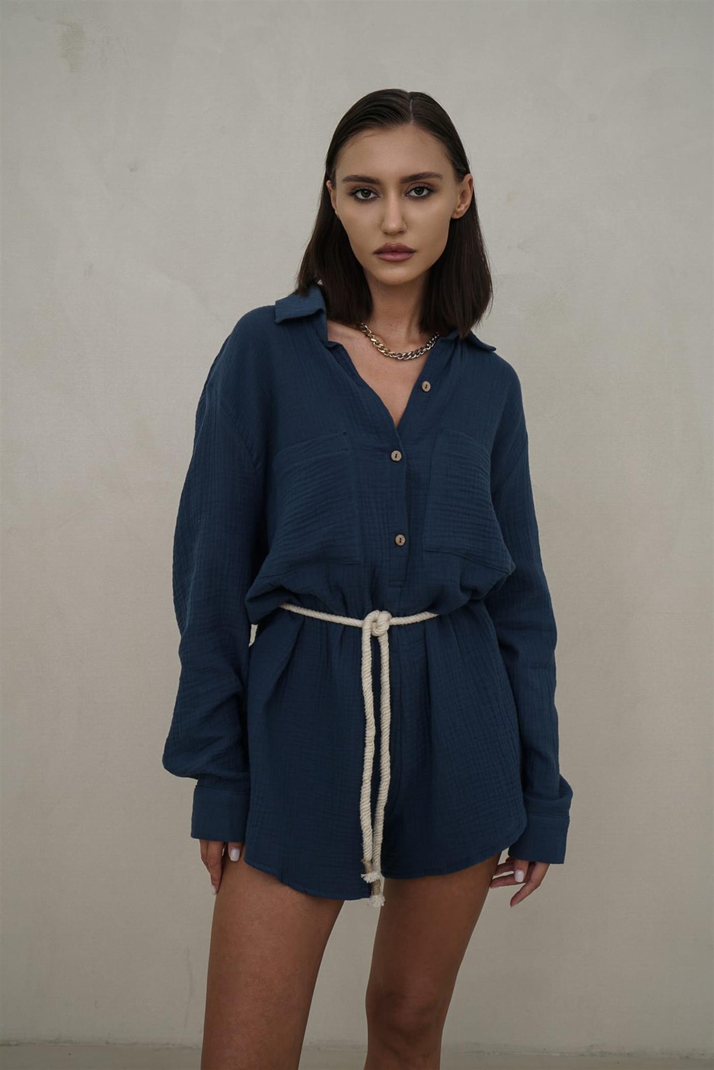 Bohemai Anetta İndigo Müslin Kısa Tulum