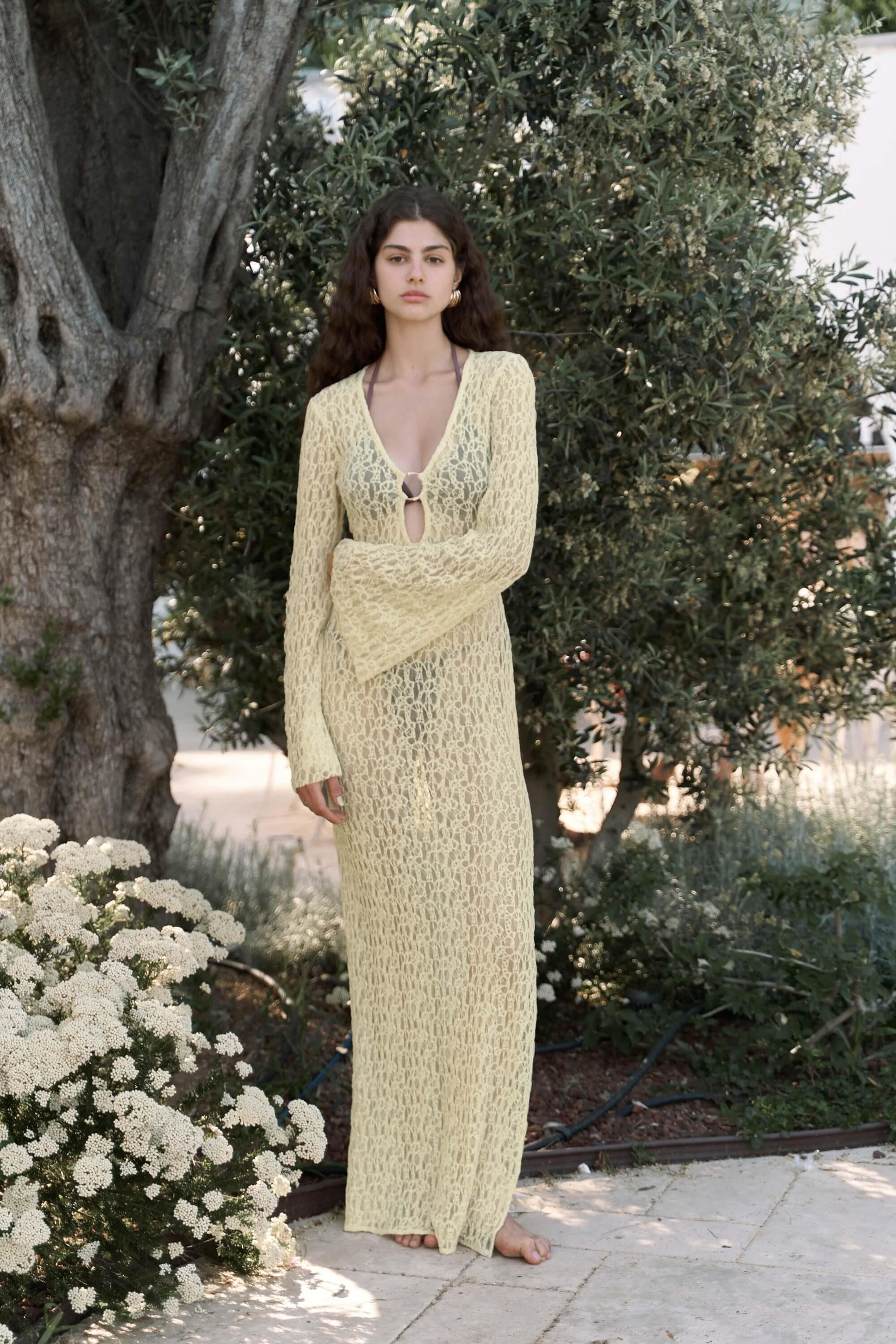 Caroline Dantelli Sarı Uzun Elbise