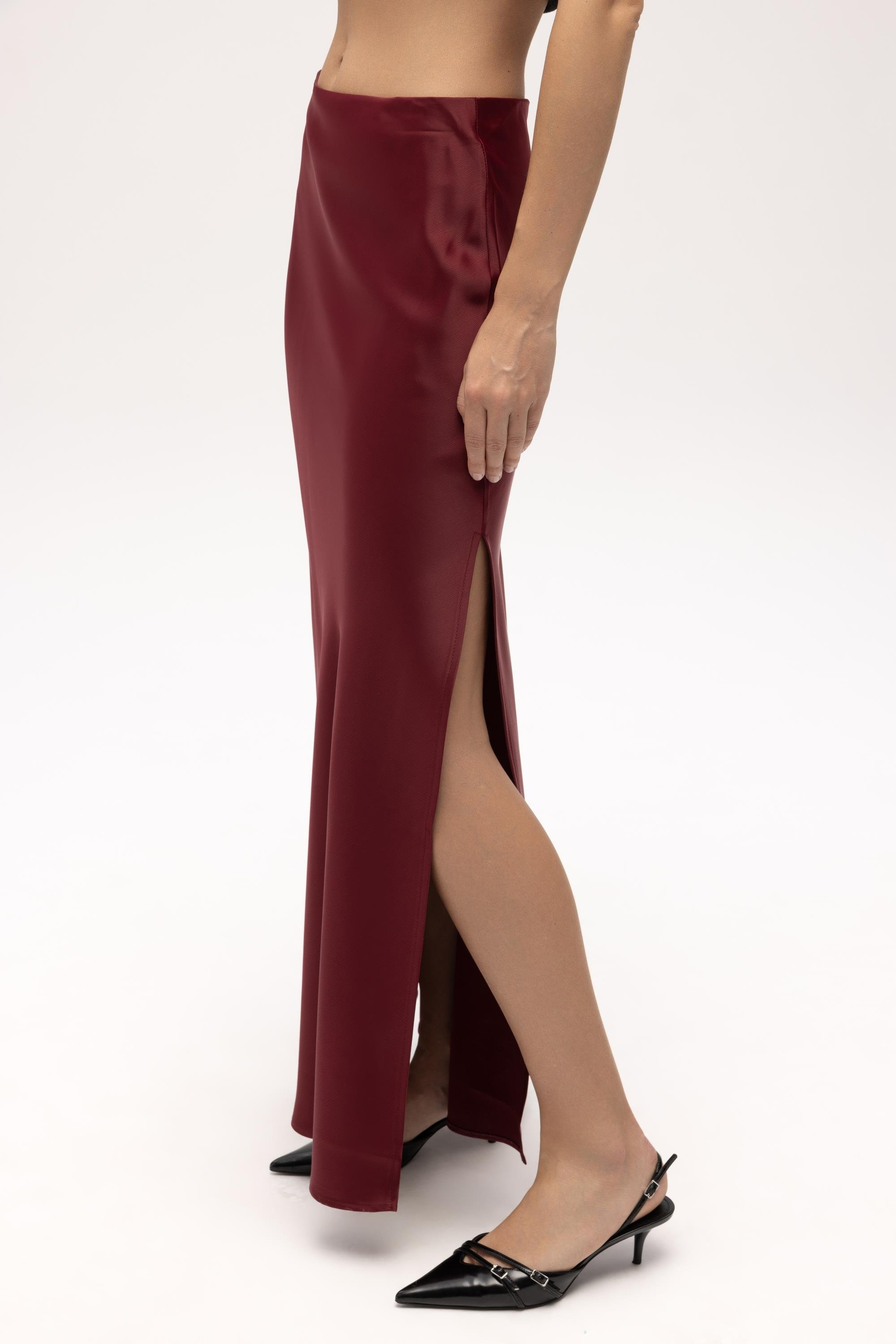 Cecil Slit Detail Burgundy Satin Skirt