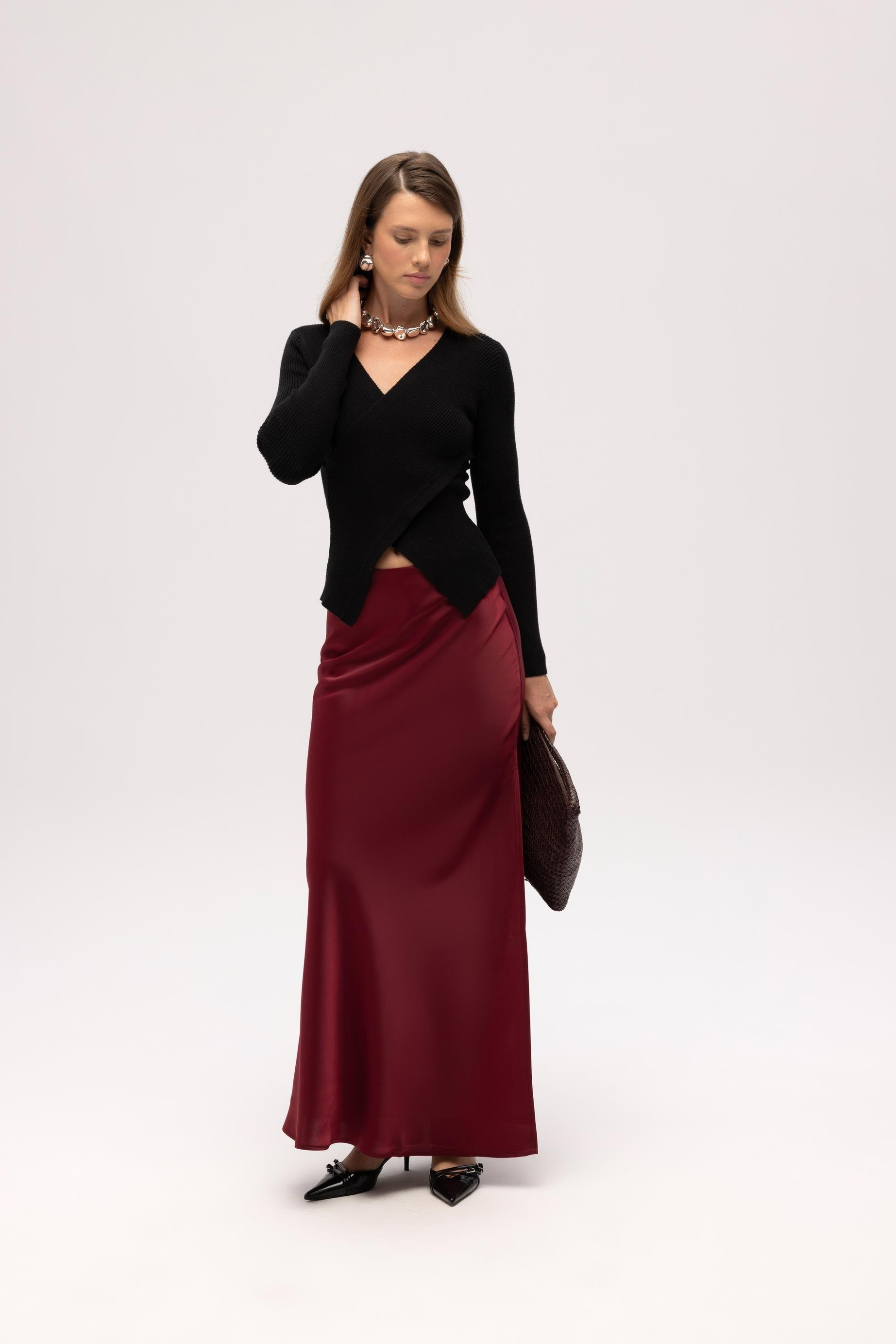 Cecil Slit Detail Burgundy Satin Skirt