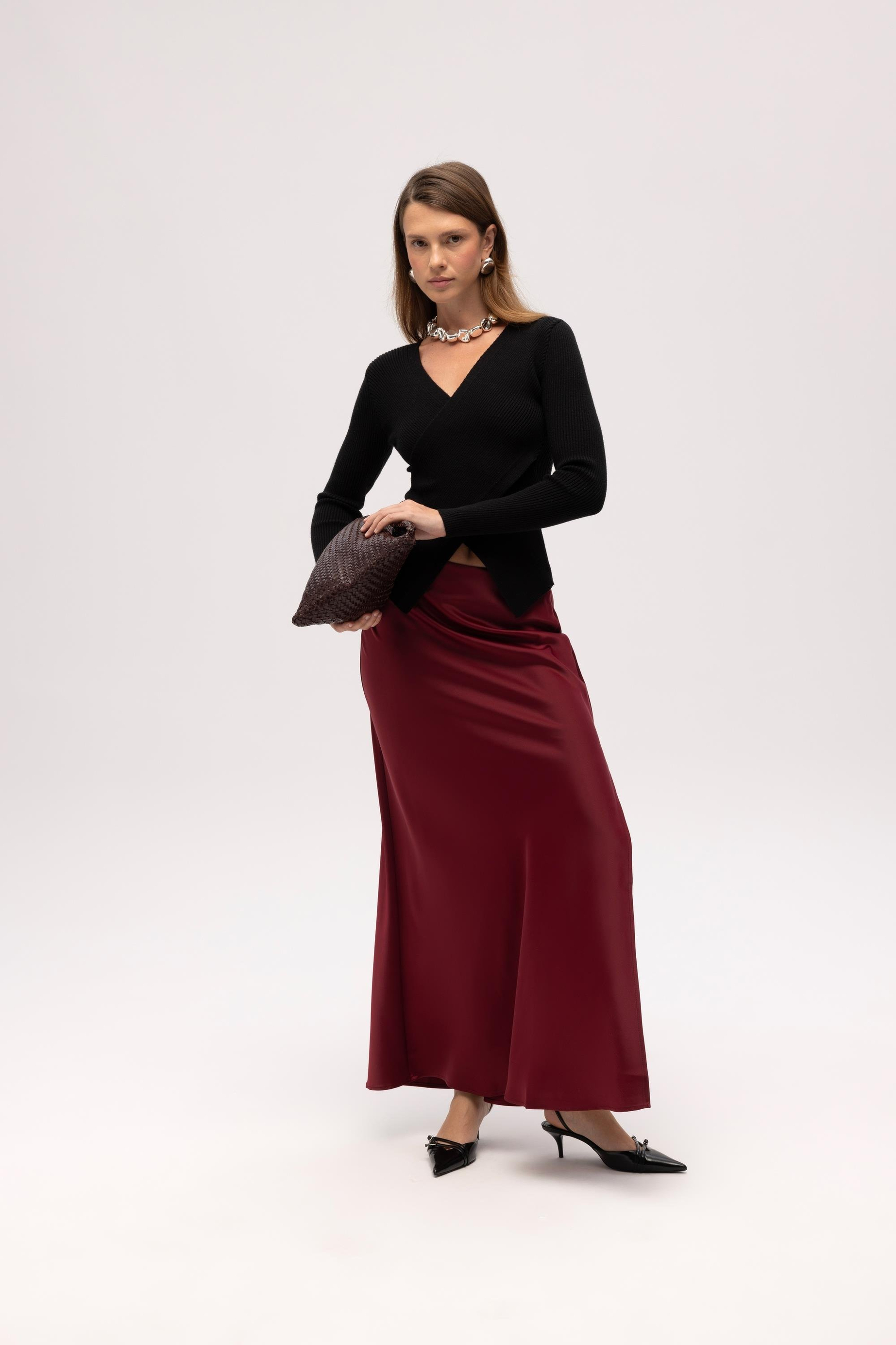 Cecil Slit Detail Burgundy Satin Skirt