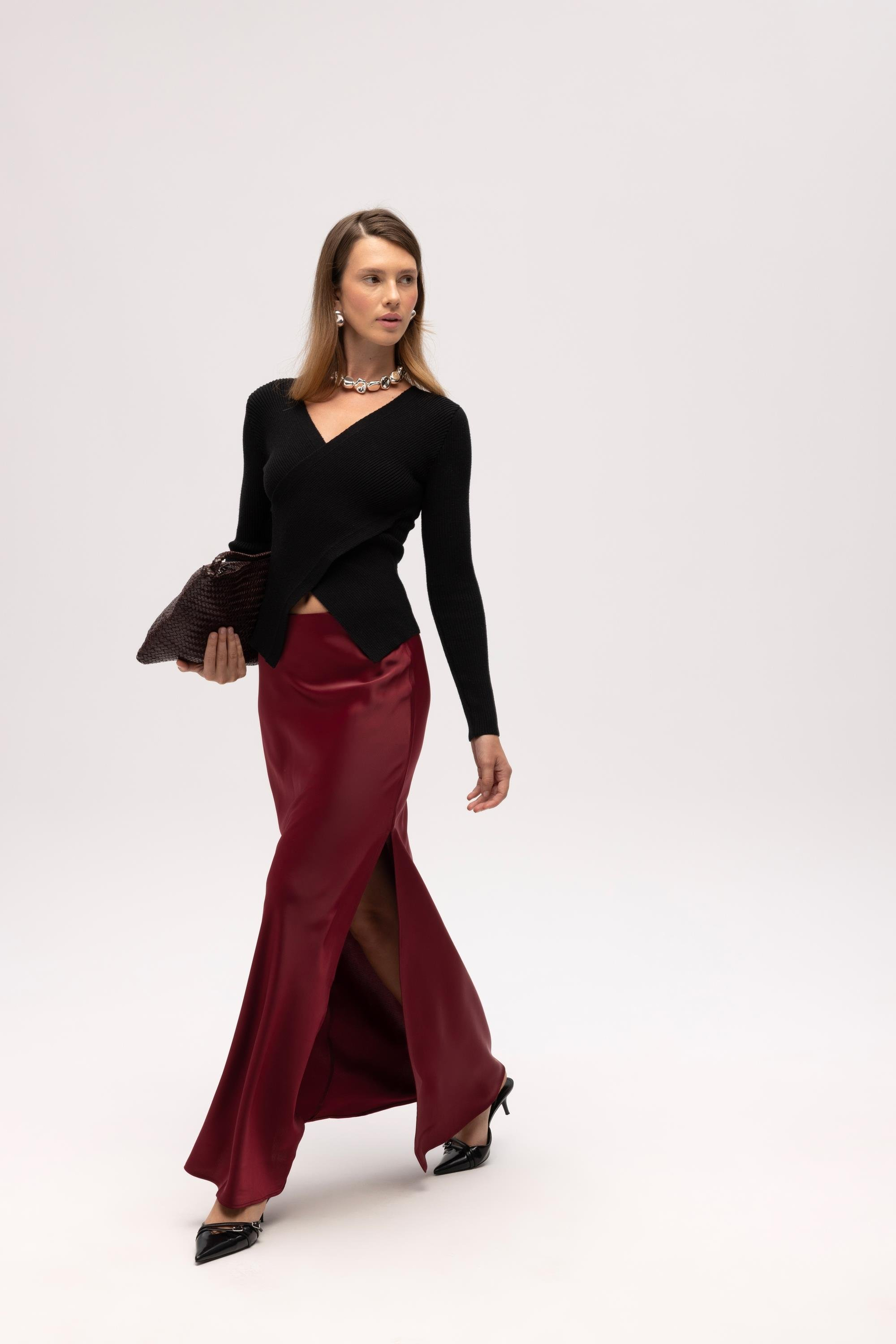 Cecil Slit Detail Burgundy Satin Skirt