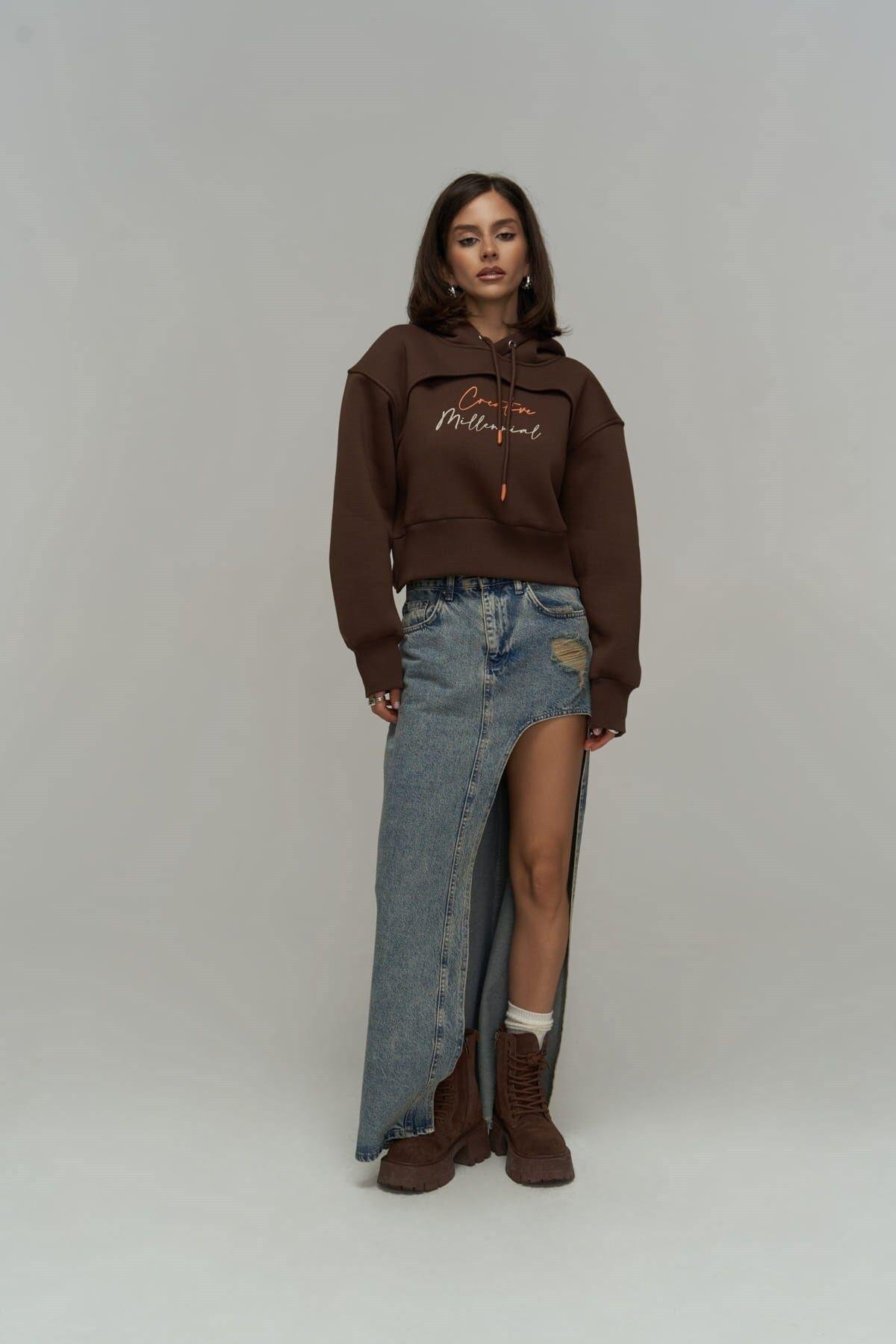 Mai Collection Creative Brown Crop Sweatshirt