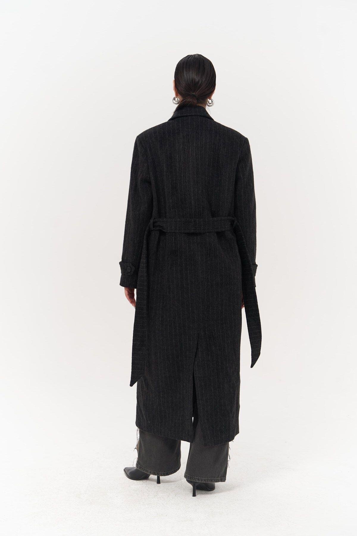 Darrel Belted Striped Anthracite Long Coat