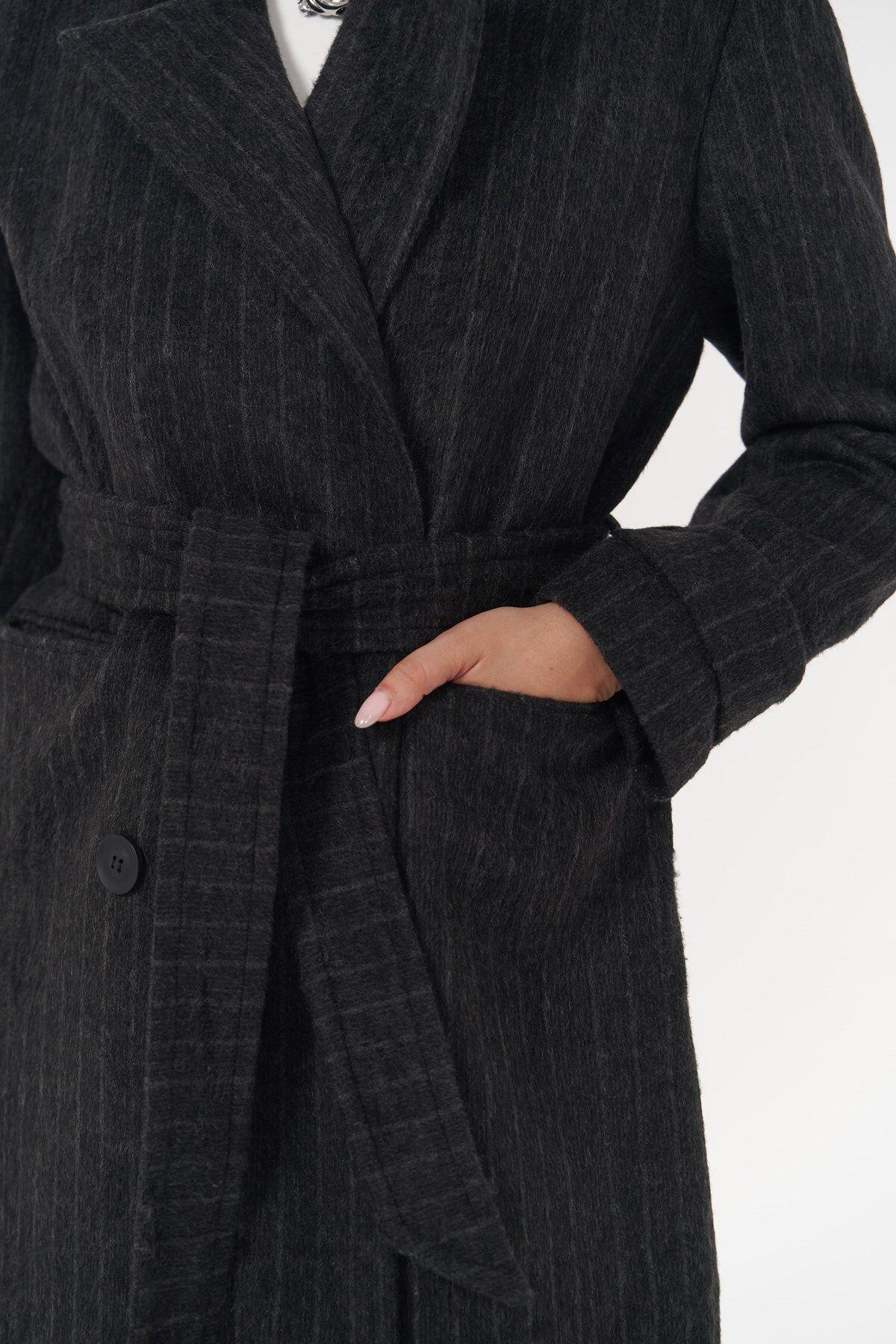 Darrel Belted Striped Anthracite Long Coat