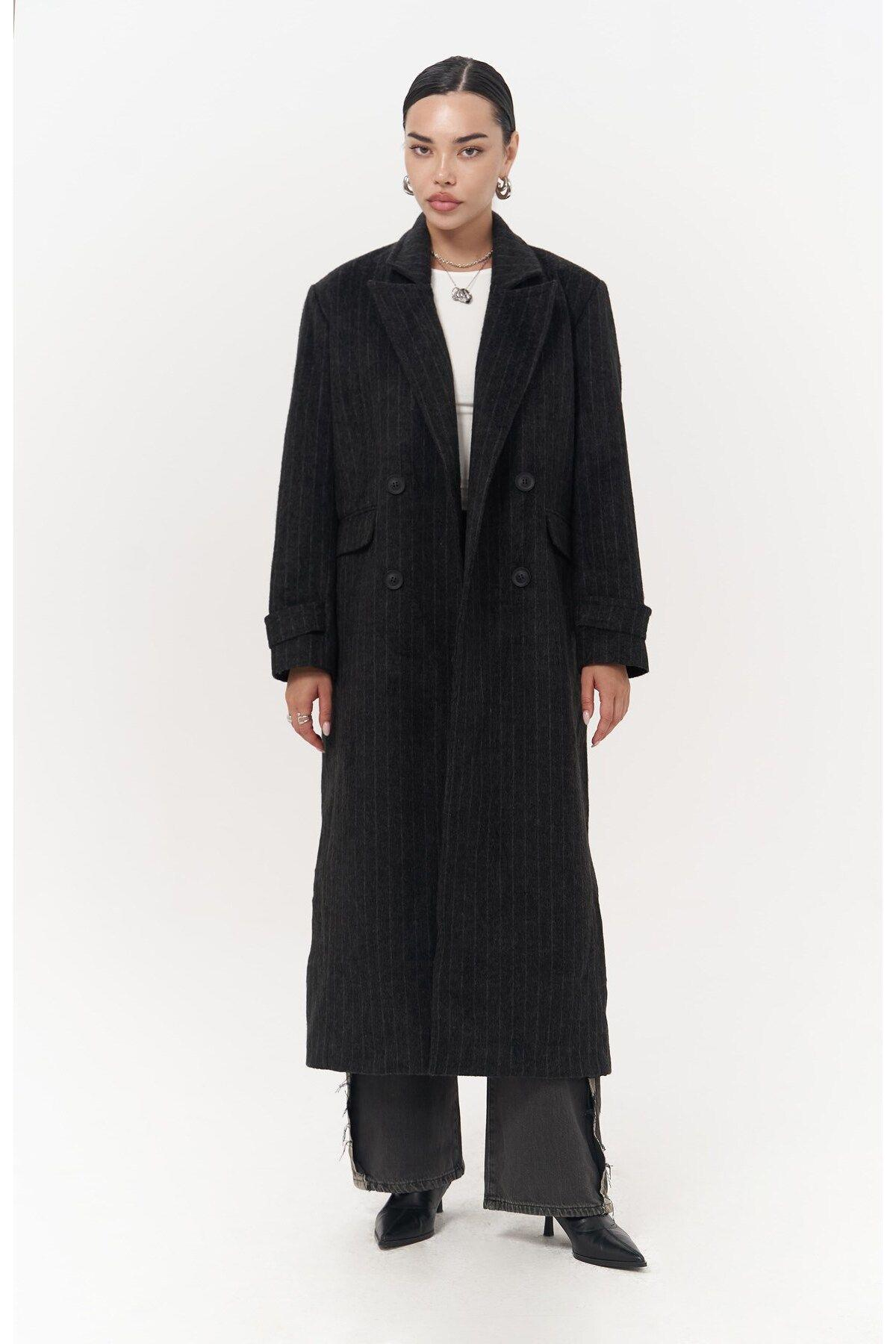 Darrel Belted Striped Anthracite Long Coat