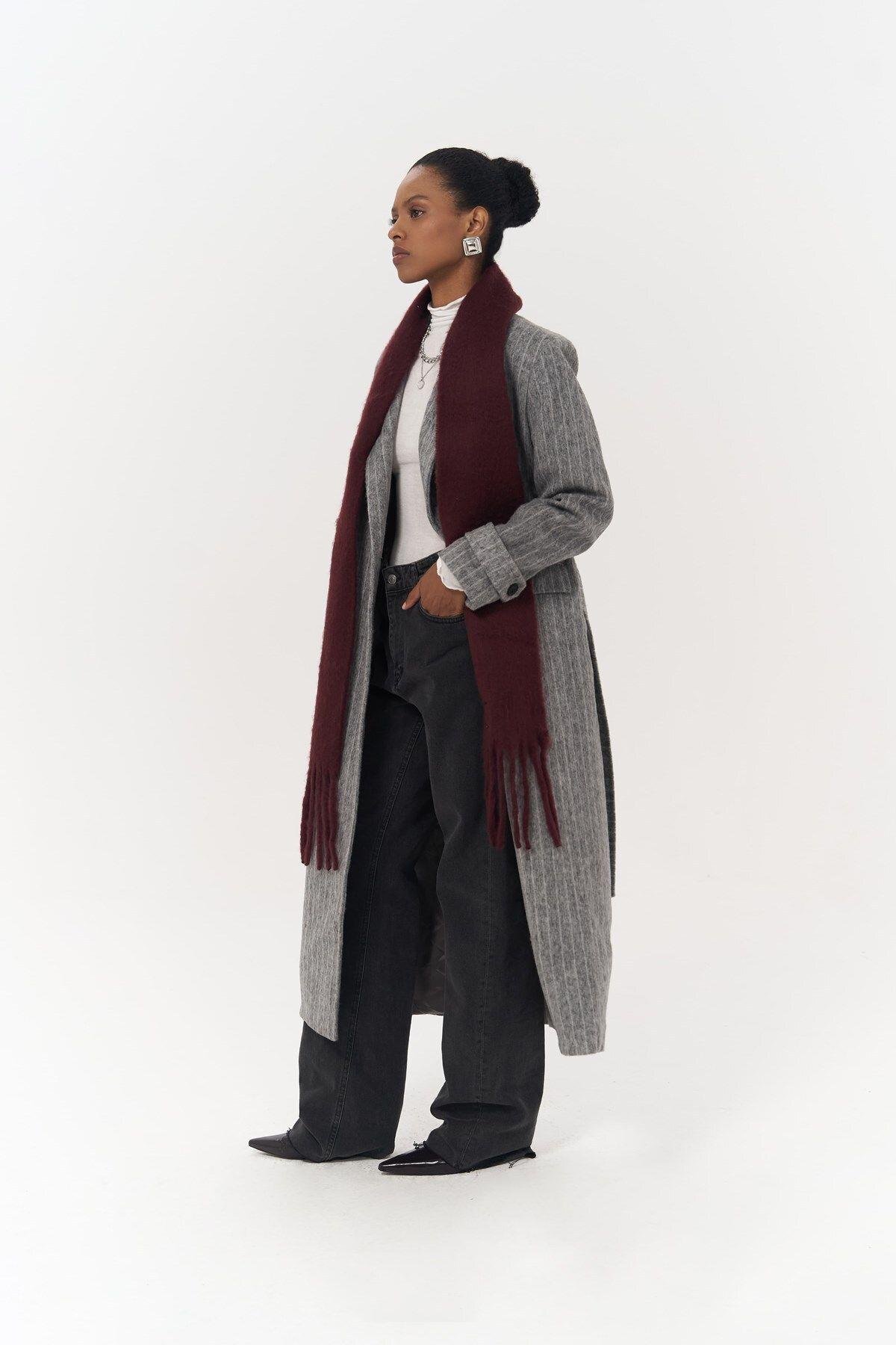 Darrel Belted Striped Smoke Gray Long Coat
