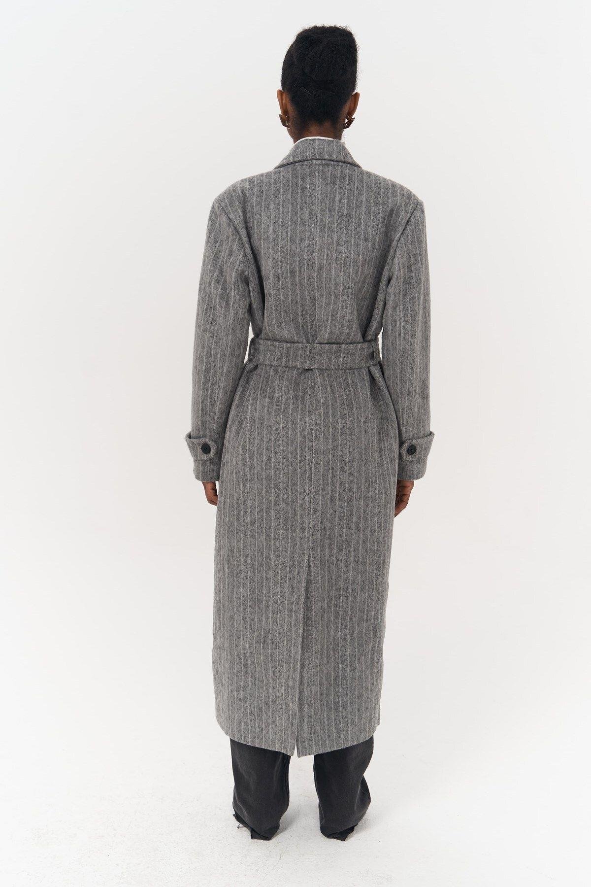 Darrel Belted Striped Smoke Gray Long Coat