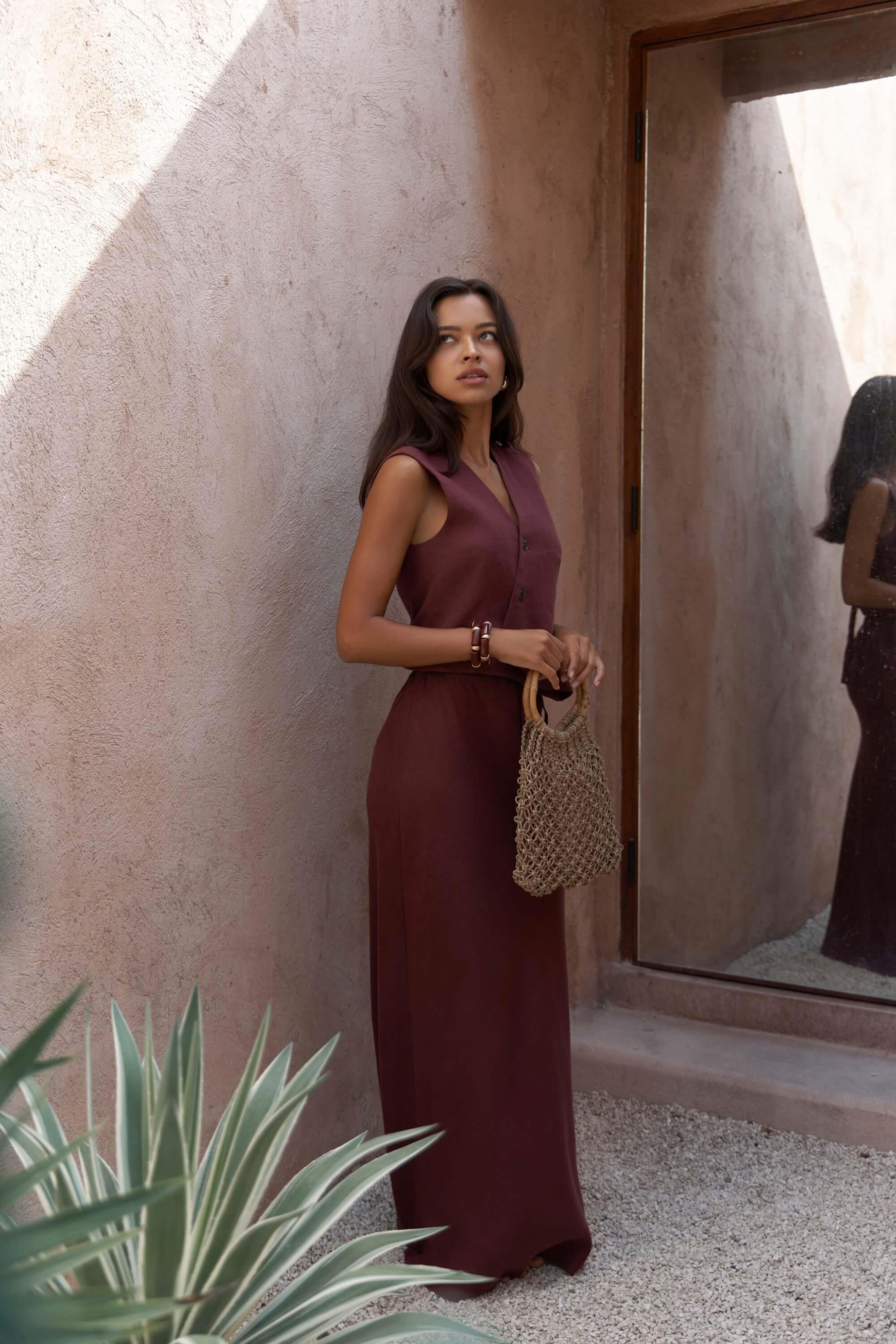 Dolly Bağcıklı Bordo Keten Etek