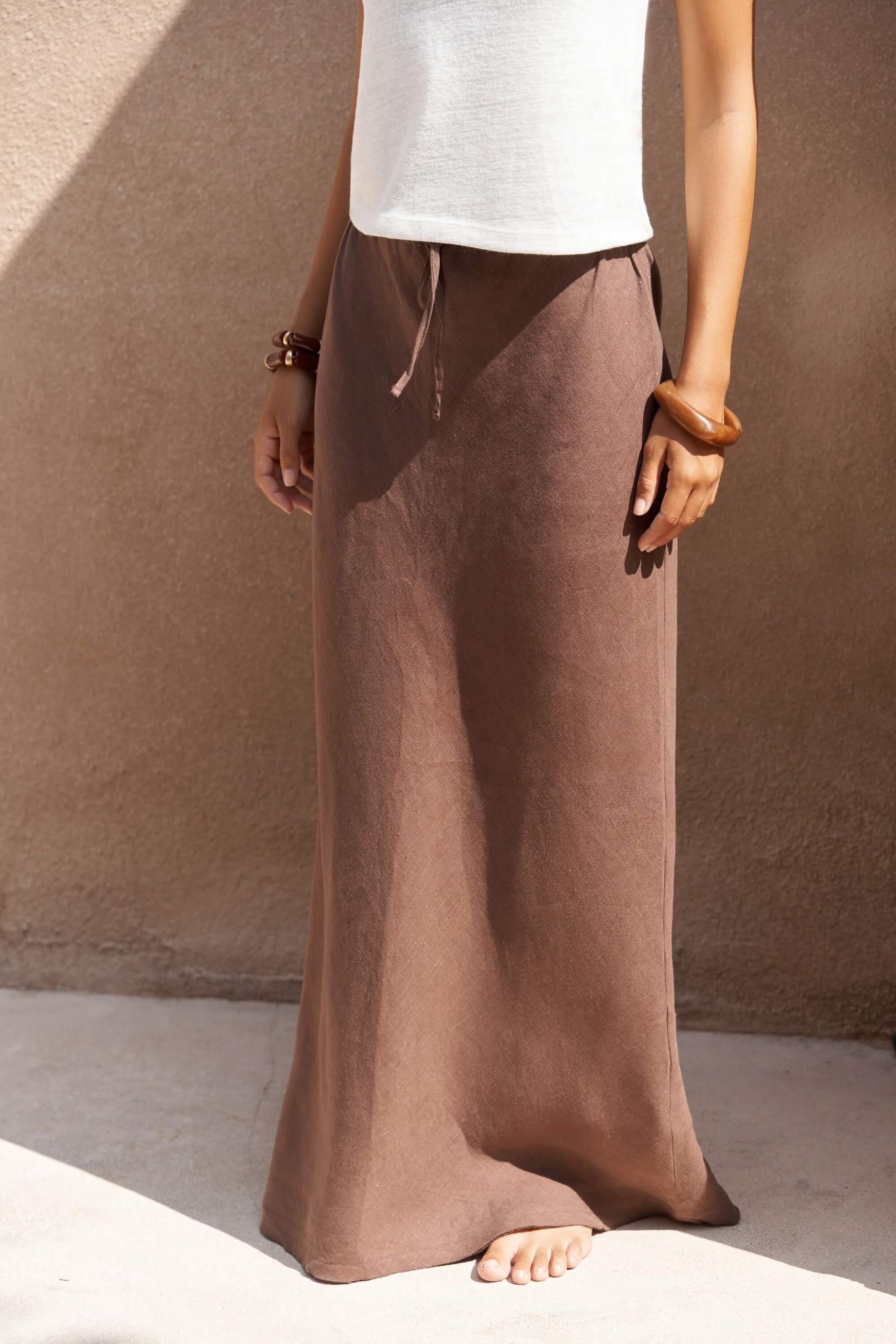 Dolly Bağcıklı Kahve Keten Etek