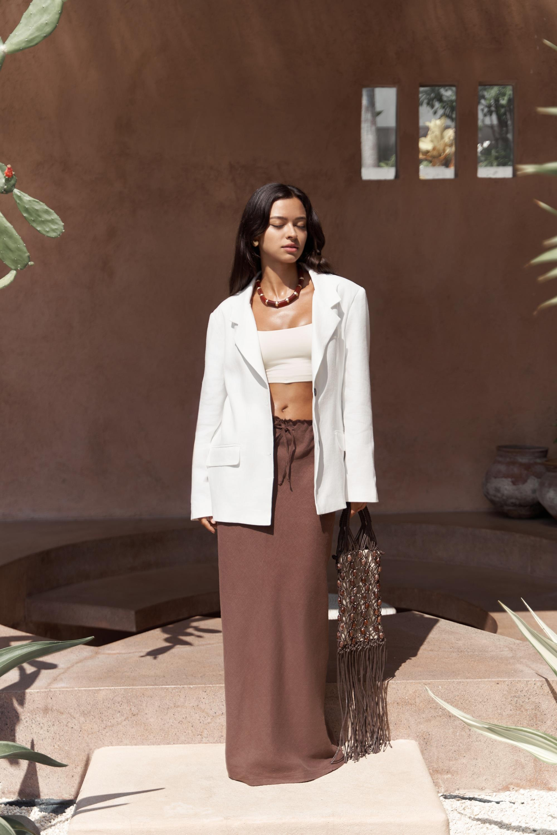 Dolly Bağcıklı Kahve Keten Etek