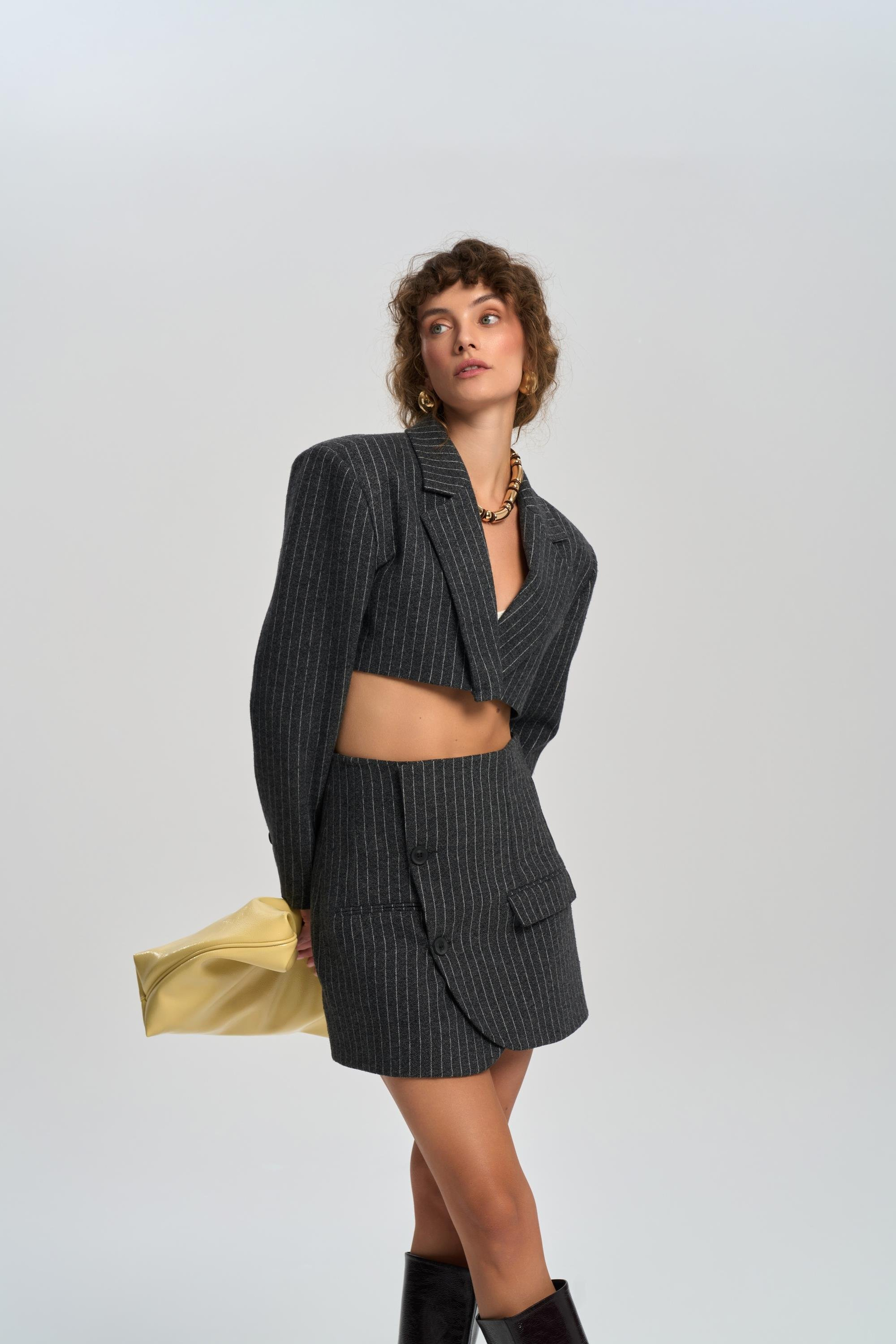 Elegant Charcoal Jacket-Skirt Set