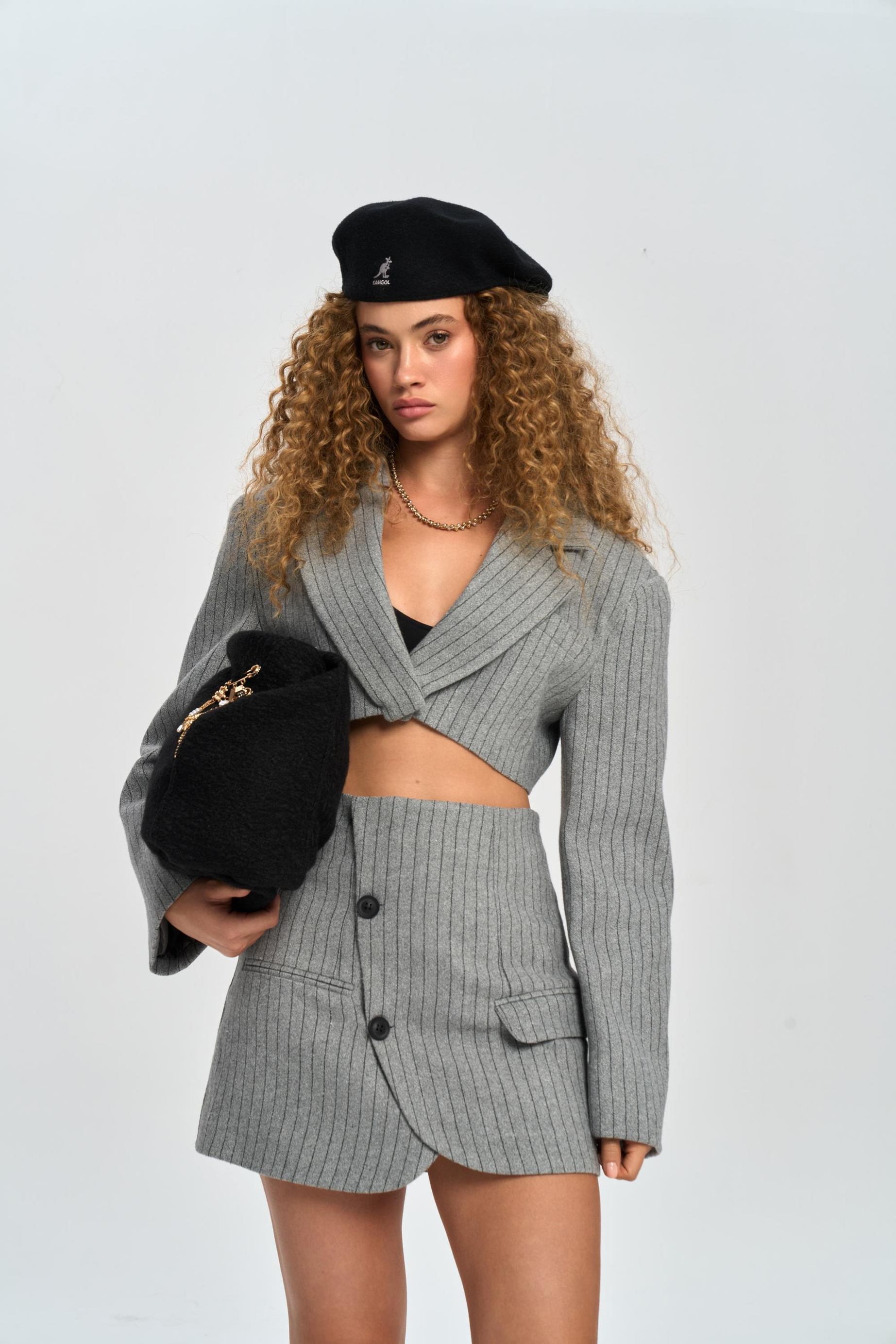 Elegant Gray Jacket-Skirt Set