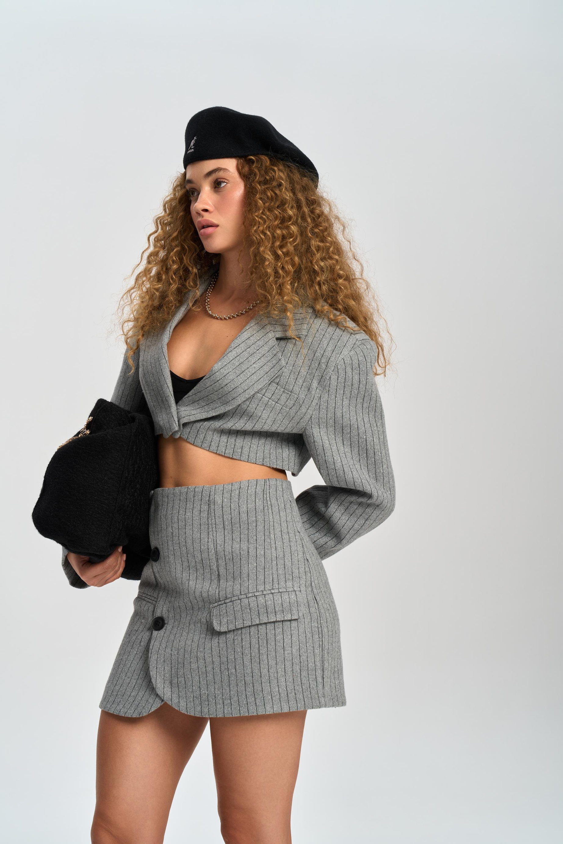 Elegant Gray Jacket-Skirt Set