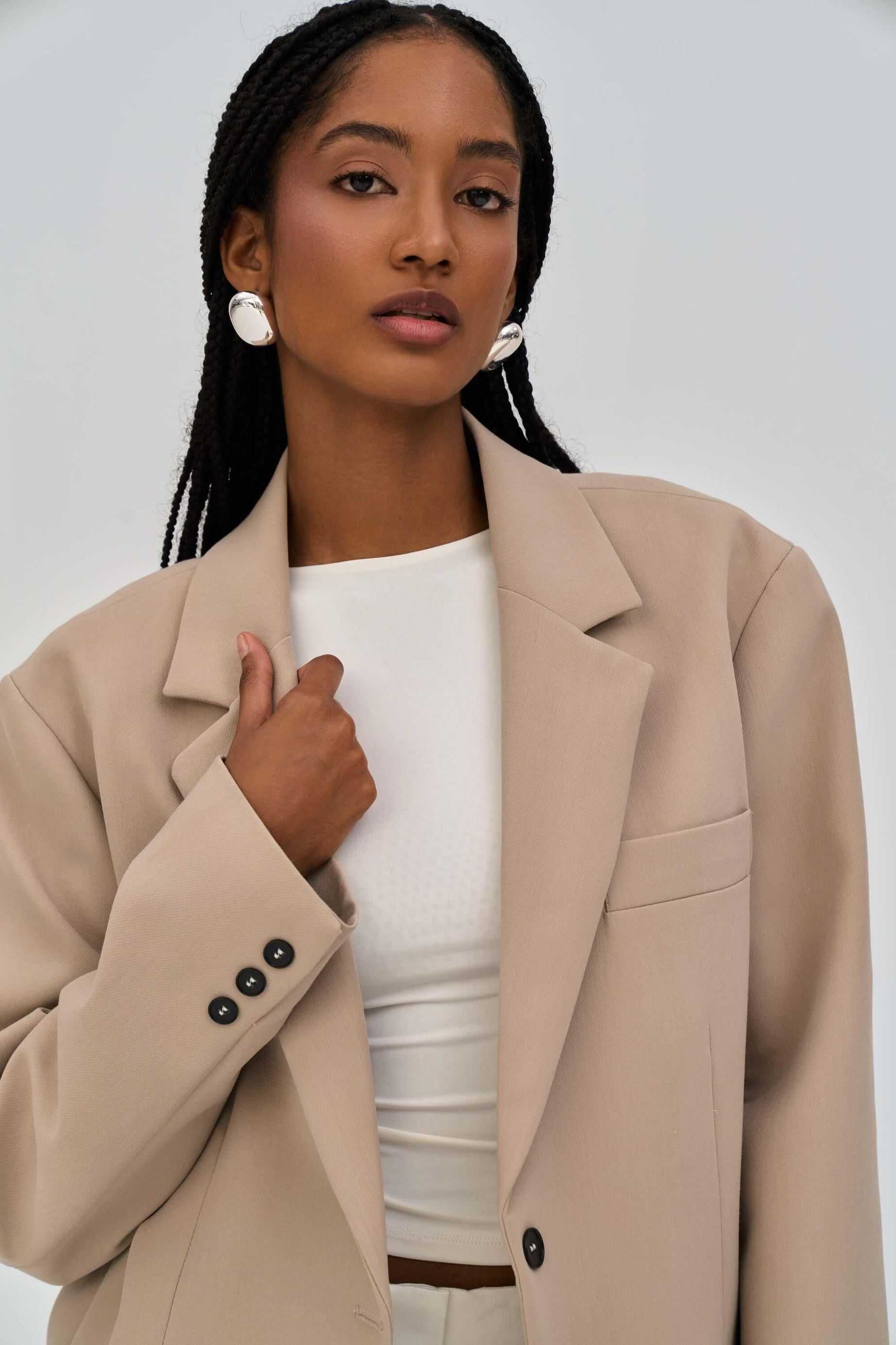 Emma Stitch Detailed Beige Blazer
