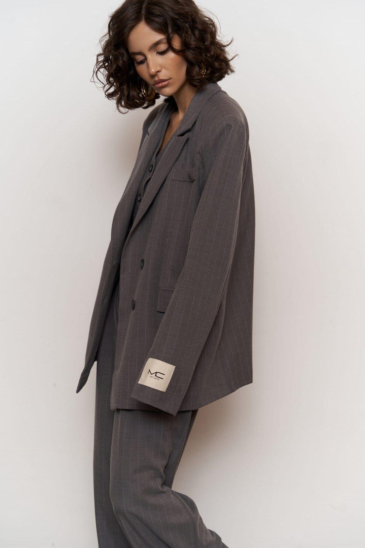 Mai Collection Gardena Dark Gray Striped 3 Piece Suit