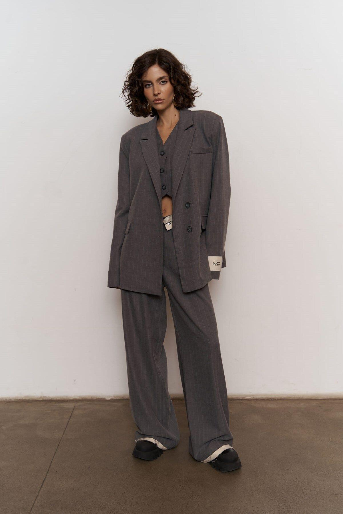 Mai Collection Gardena Dark Gray Striped 3 Piece Suit