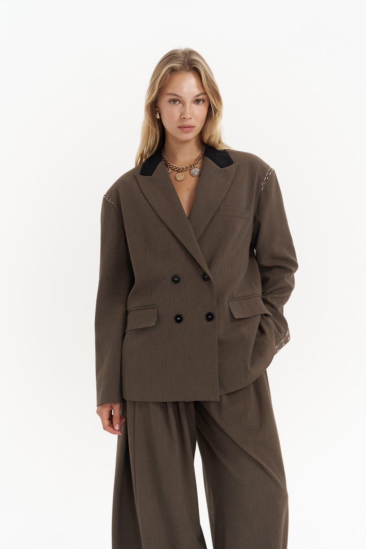 Iva Brown Blazer with Embroidery Detail