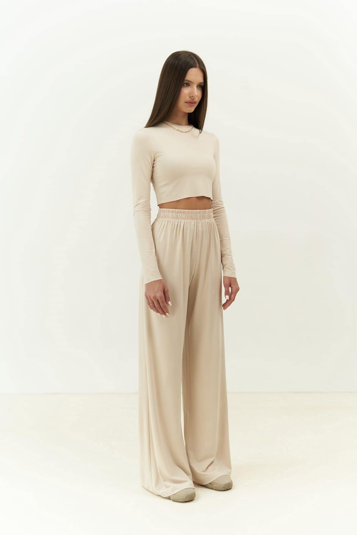 Jany Uzun Kollu Bej Crop Pantolon Takım